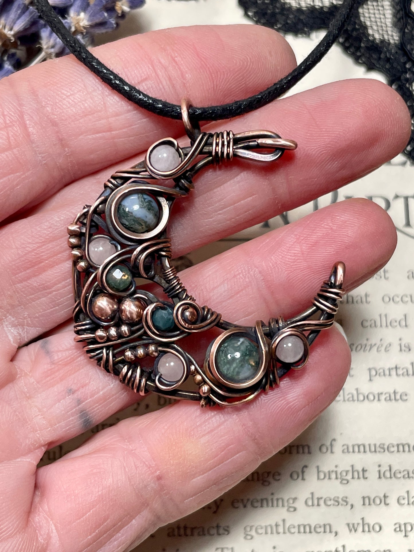 Moss Agate & Rose Quartz Crescent Moon Pendant in Copper
