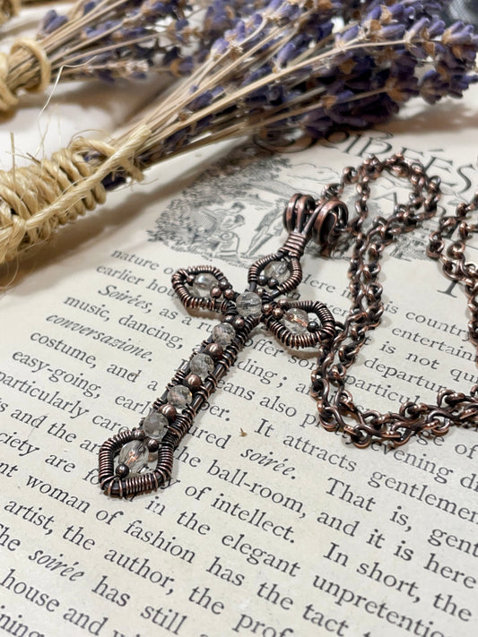 Quartz Gothic Cross Pendant in Antiqued Copper