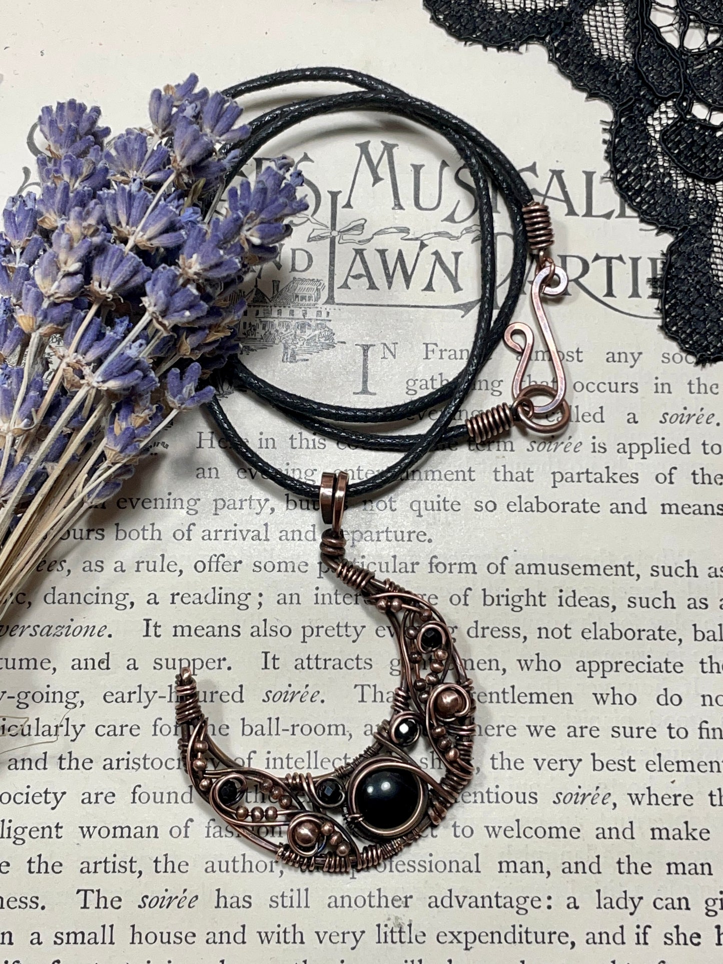 Onyx & Spinel Crescent Moon Pendant in Copper