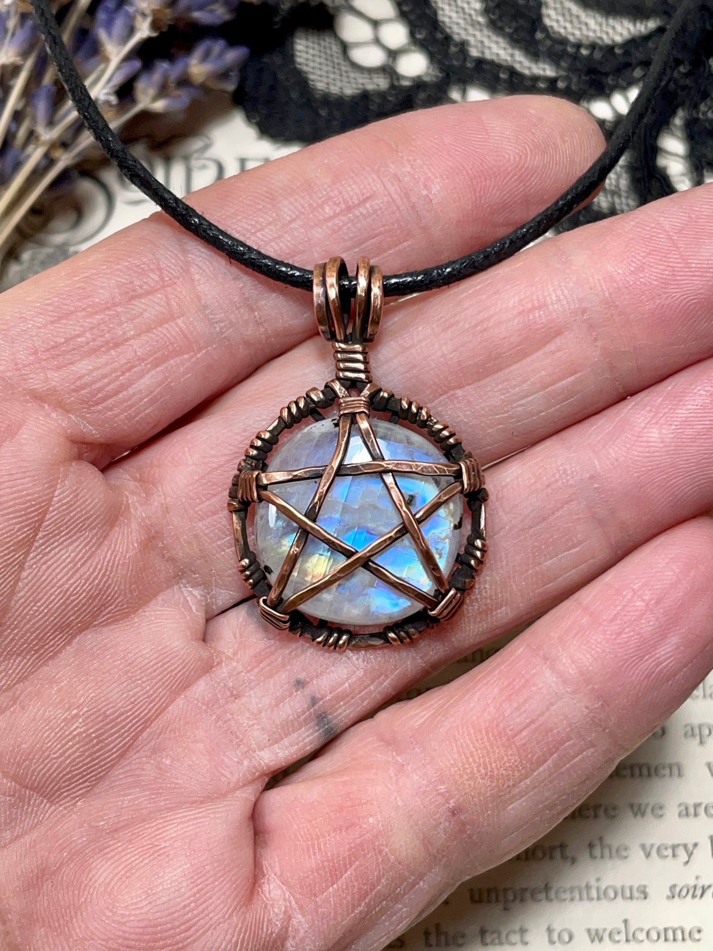 Moonstone (Rainbow Moonstone) Pentacle Pendant in Antiqued Copper