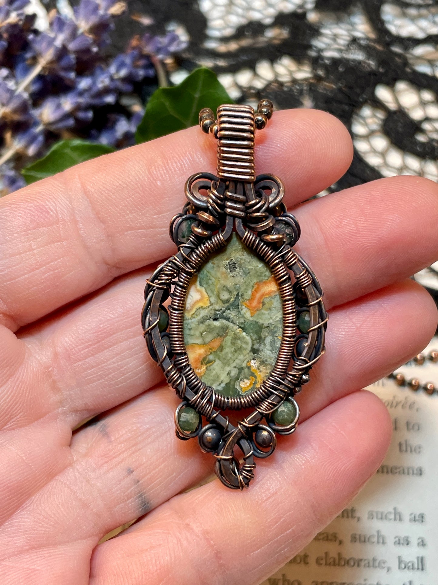 Jasper (Rainforest Jasper) Tree of Life Amulet in Copper