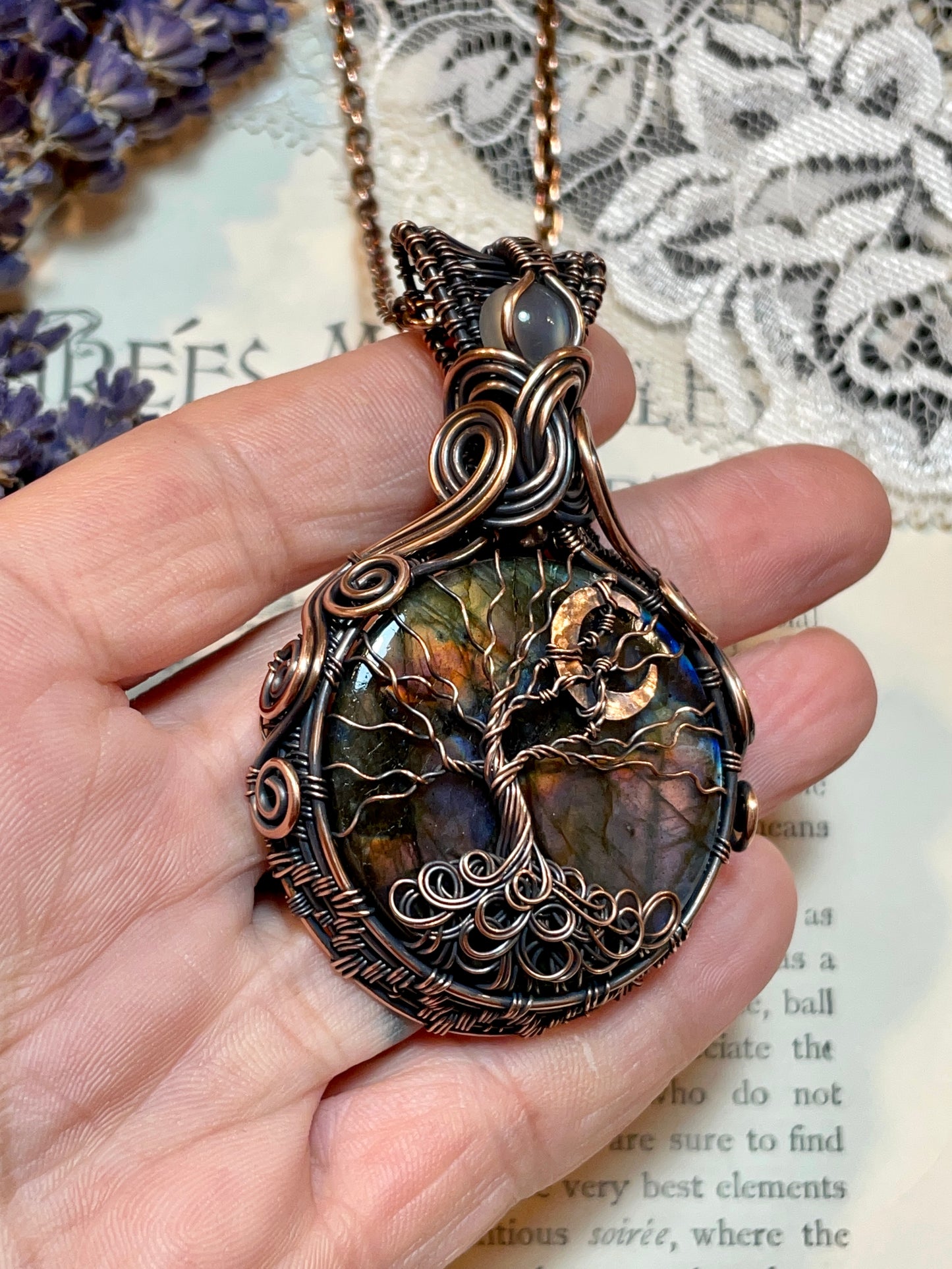 Labradorite Crescent Moon Tree of Life Amulet in Copper