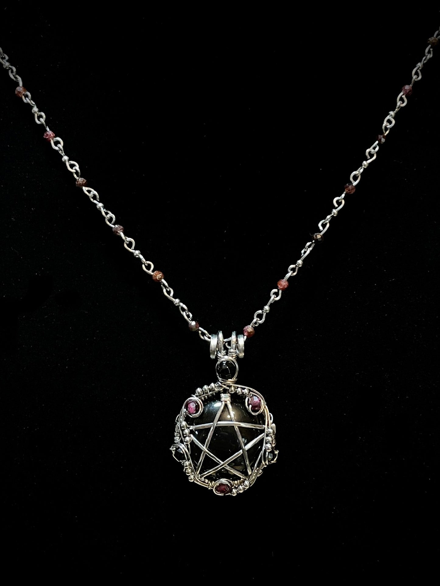 Onyx and Garnet Pentacle Pendant in Stainless Steel