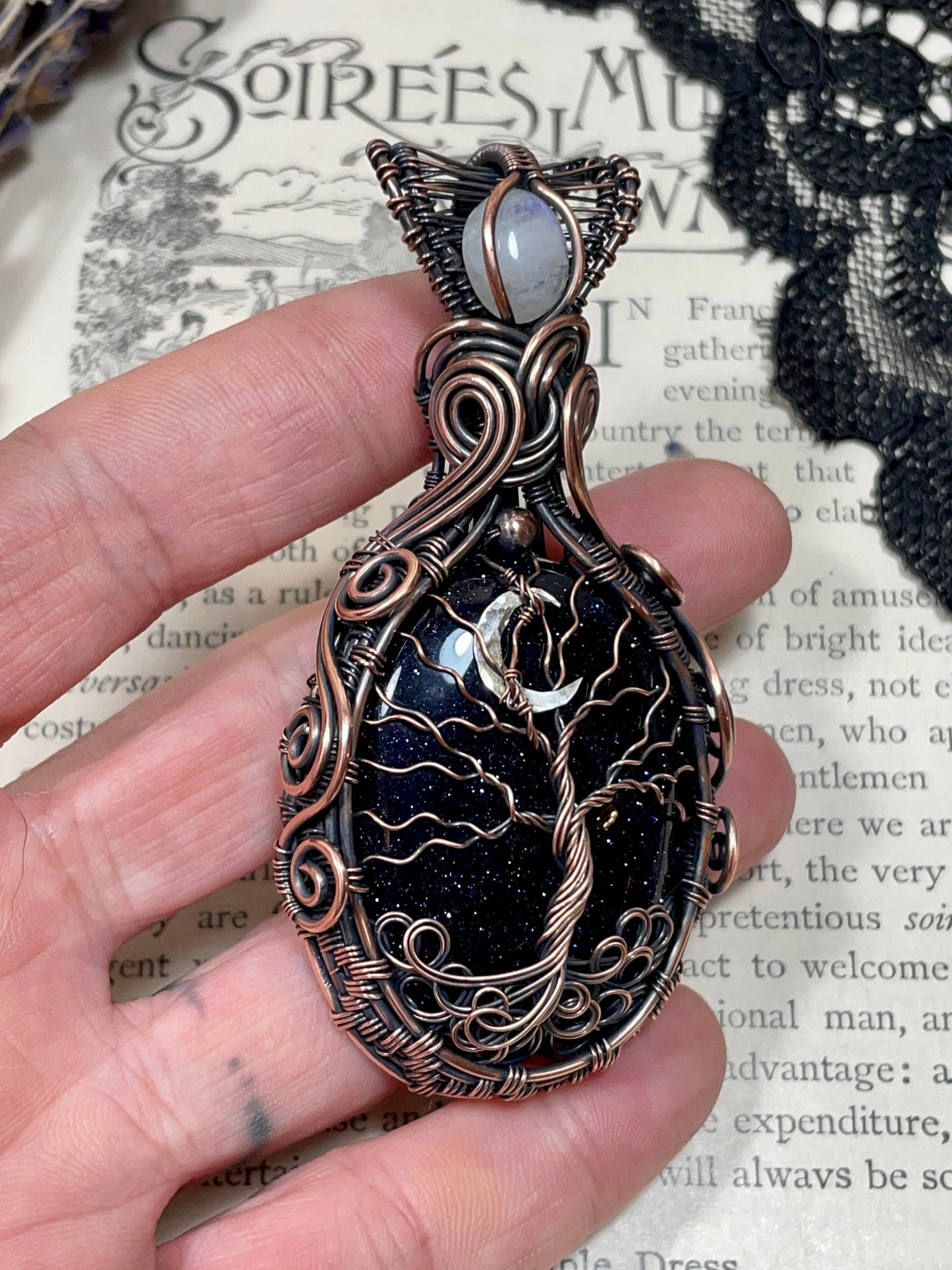 Goldstone (Blue Goldstone) Tree of Life Amulet in Copper