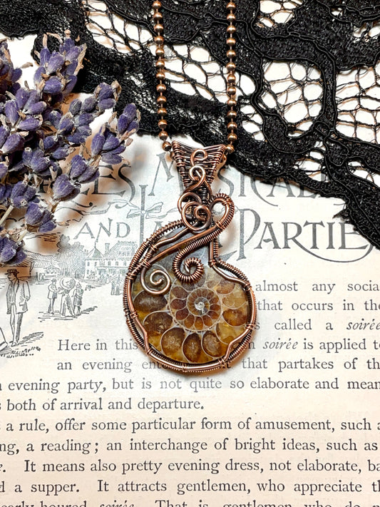 Ammonite Fossil Pendant woven in Copper