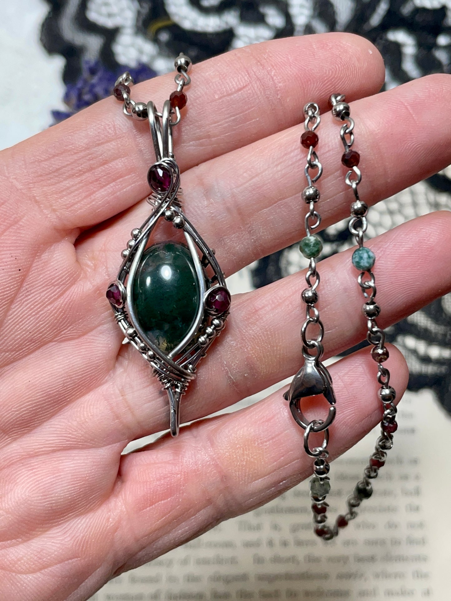Moss Agate and Garnet Pendant in Stainless Steel