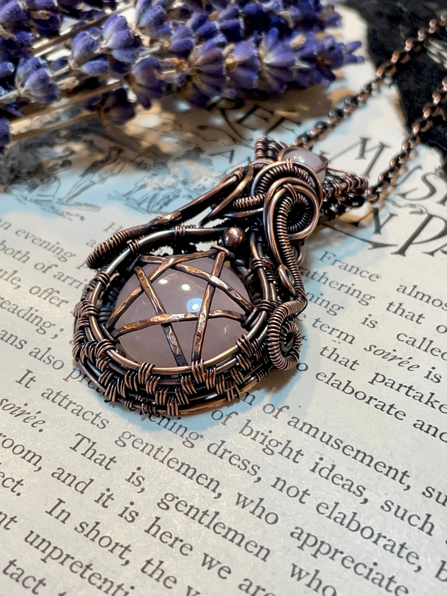 Rose Quartz Pentacle Pendant in Copper