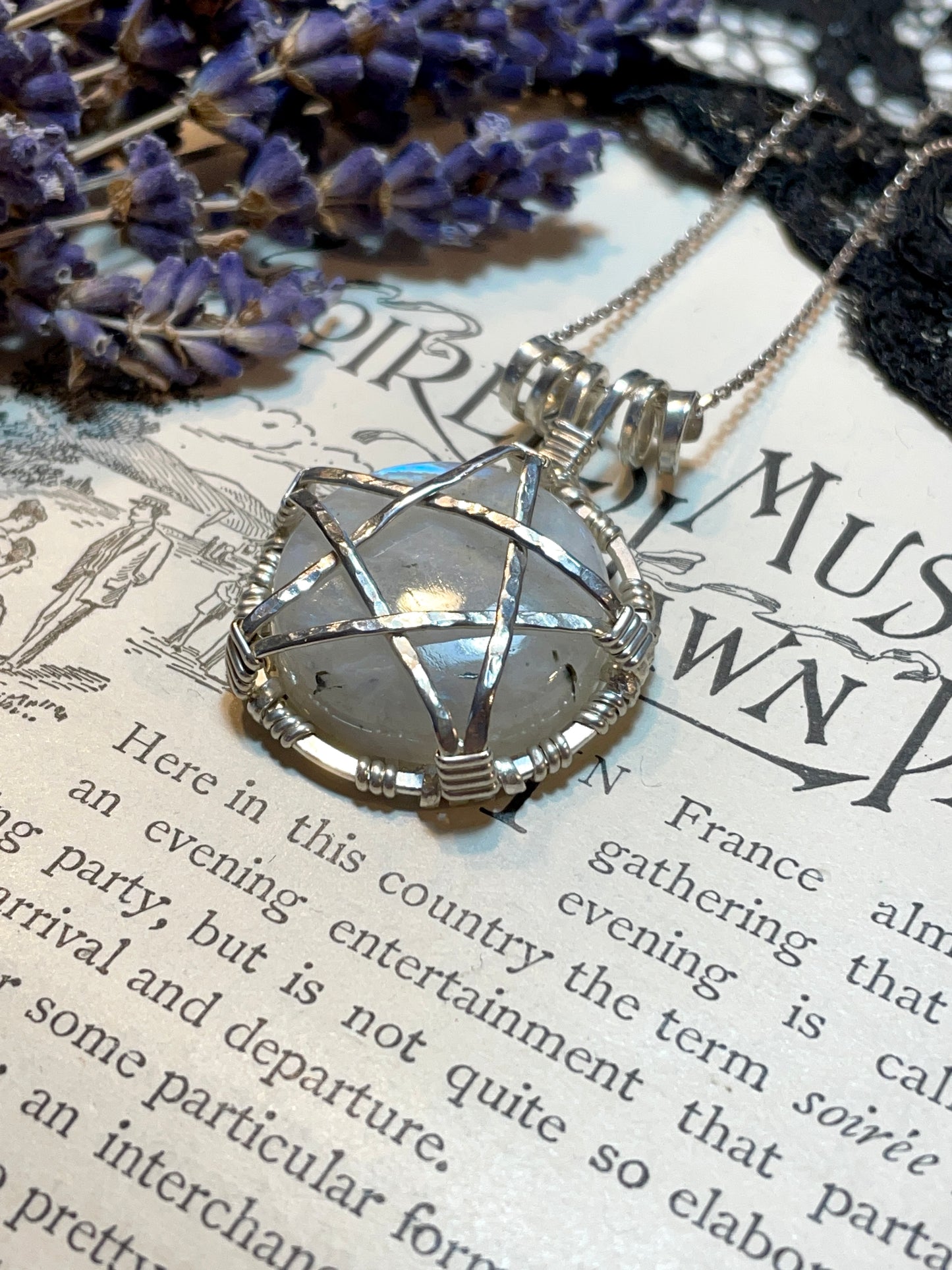 Moonstone (Rainbow Moonstone) Pentacle Pendant in Sterling Silver