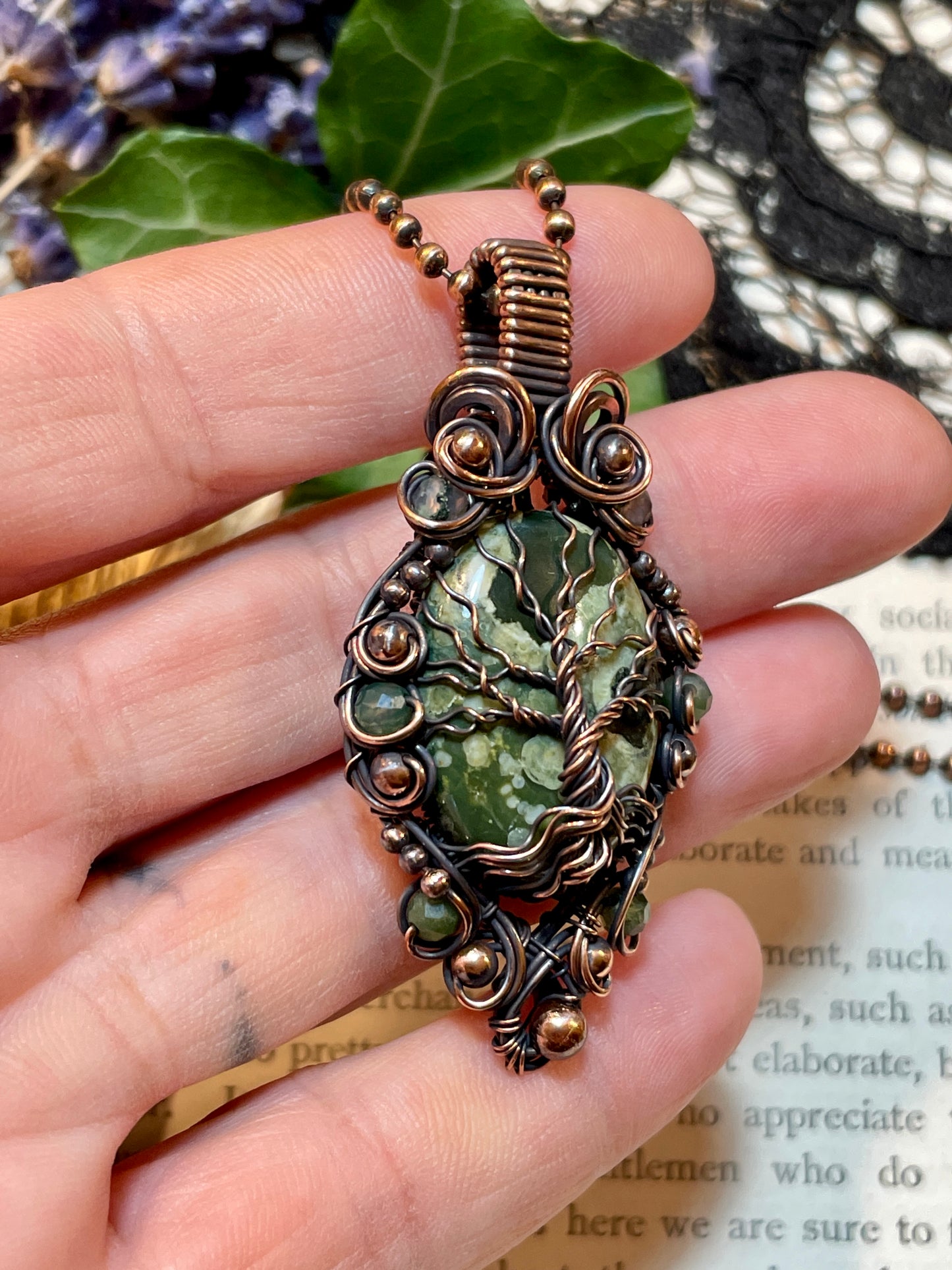 Jasper (Rainforest Jasper) Tree of Life Amulet in Copper