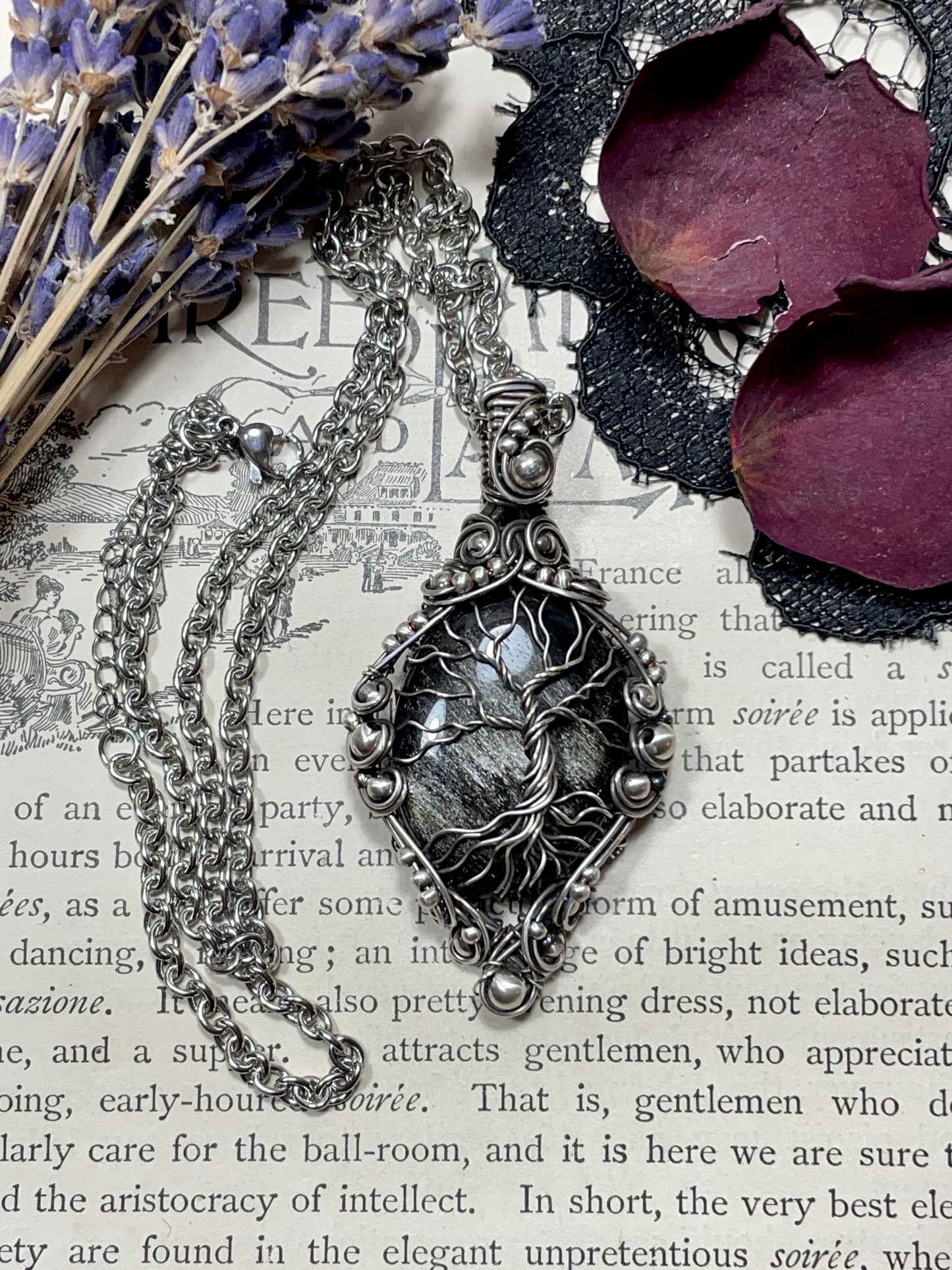 Obsidian (Silver Sheen Obsidian) Tree of Life Pendant in Sterling Silver