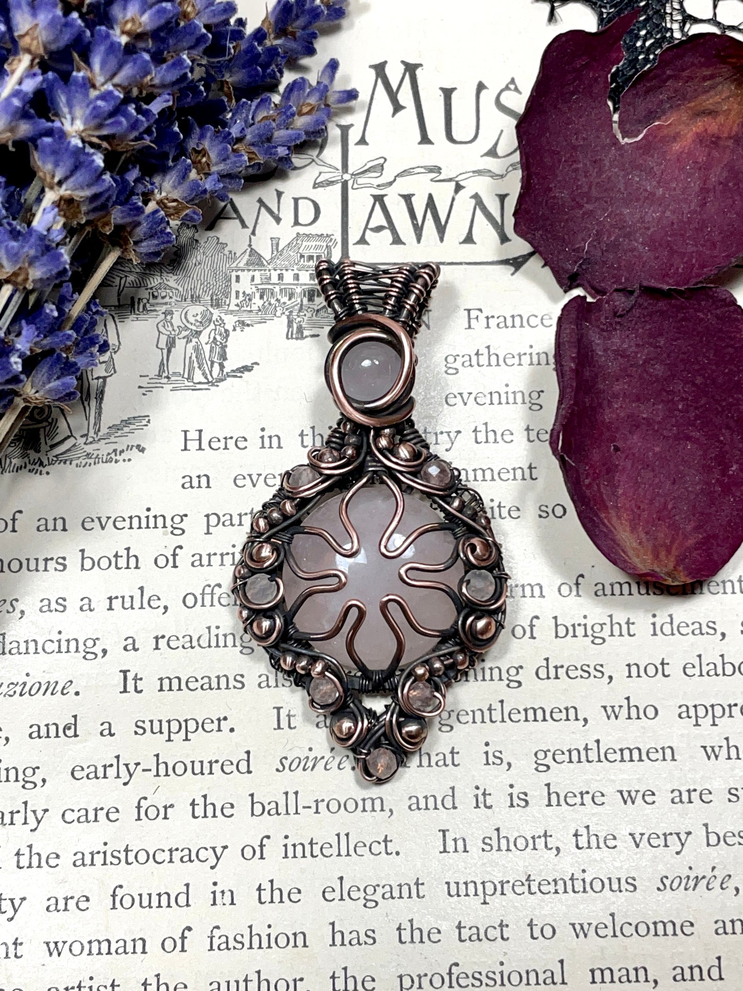 Rose Quartz Flower Pendant in Copper
