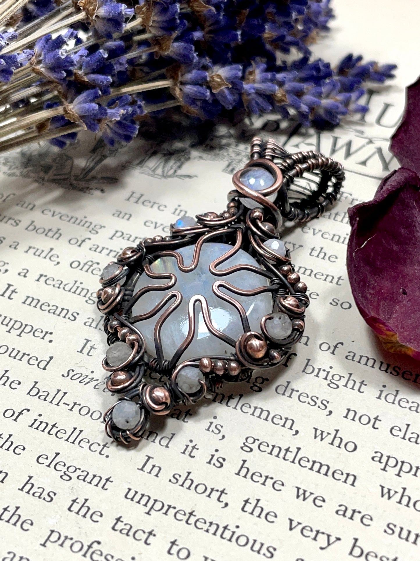 Rainbow Moonstone Flower Pendant in Copper