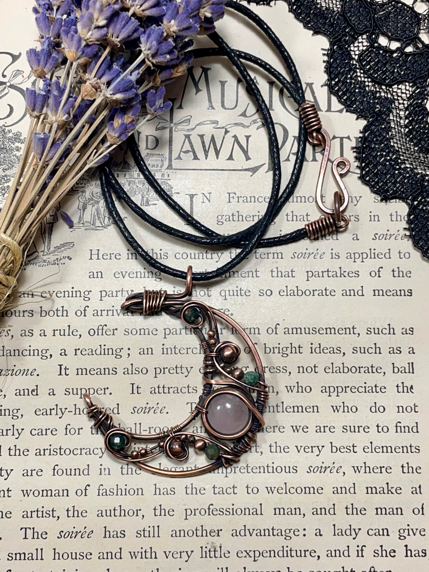 Rose Quartz & Moss Agate Crescent Moon Pendant in Copper