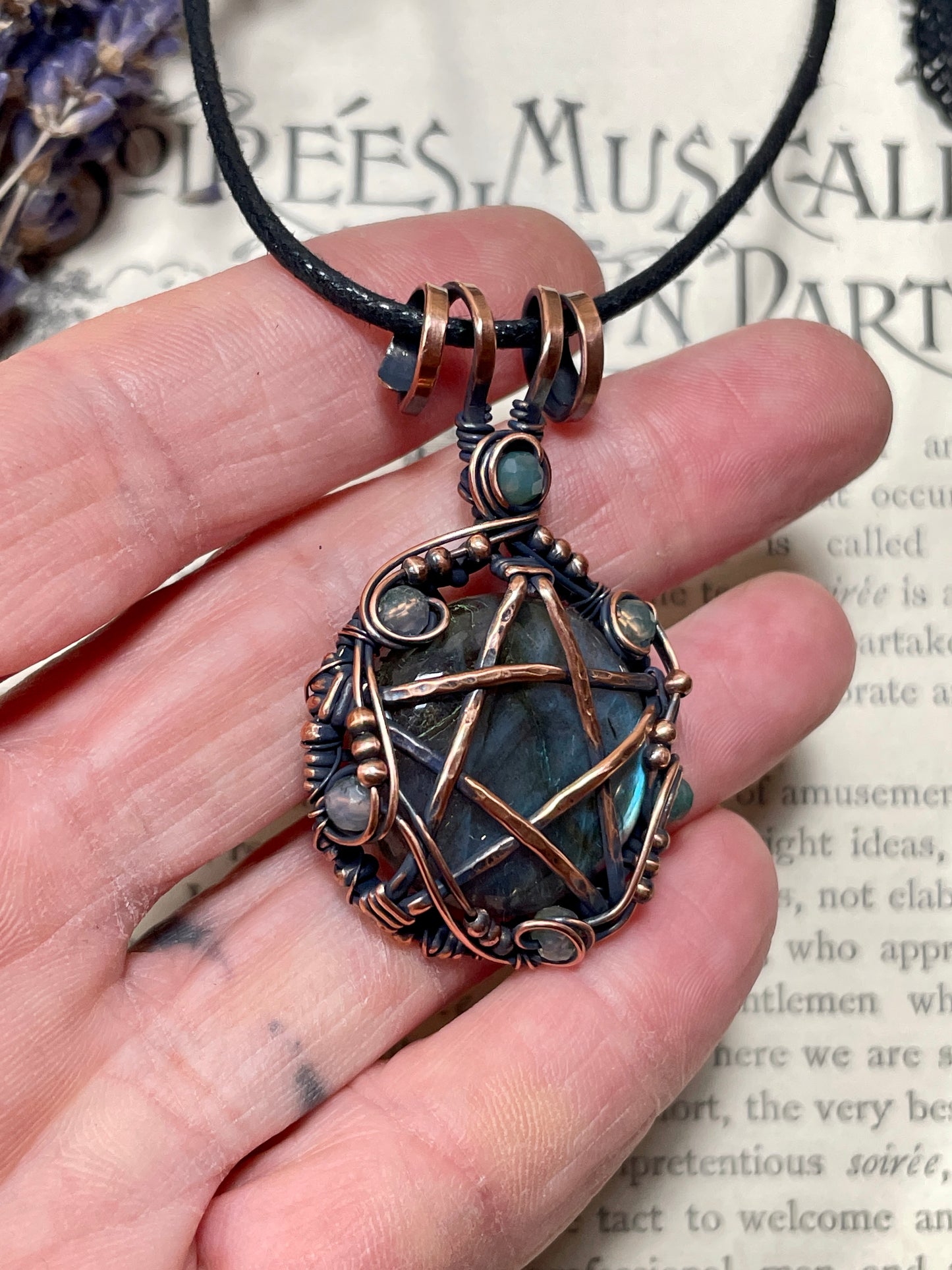 Labradorite Pentacle Pendant in Antique Copper