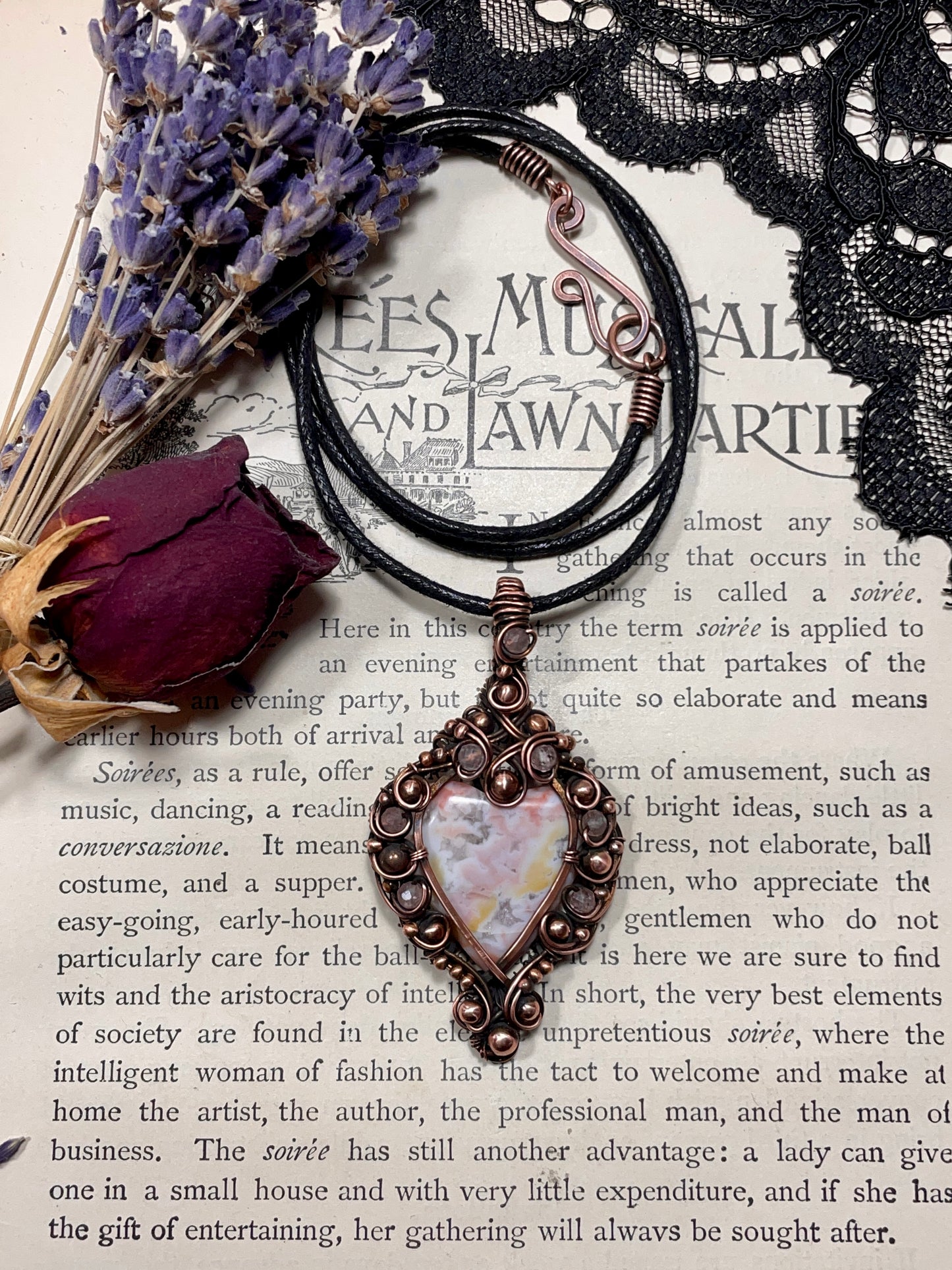 Agate (Pink Agate) Heart Pendant in Copper