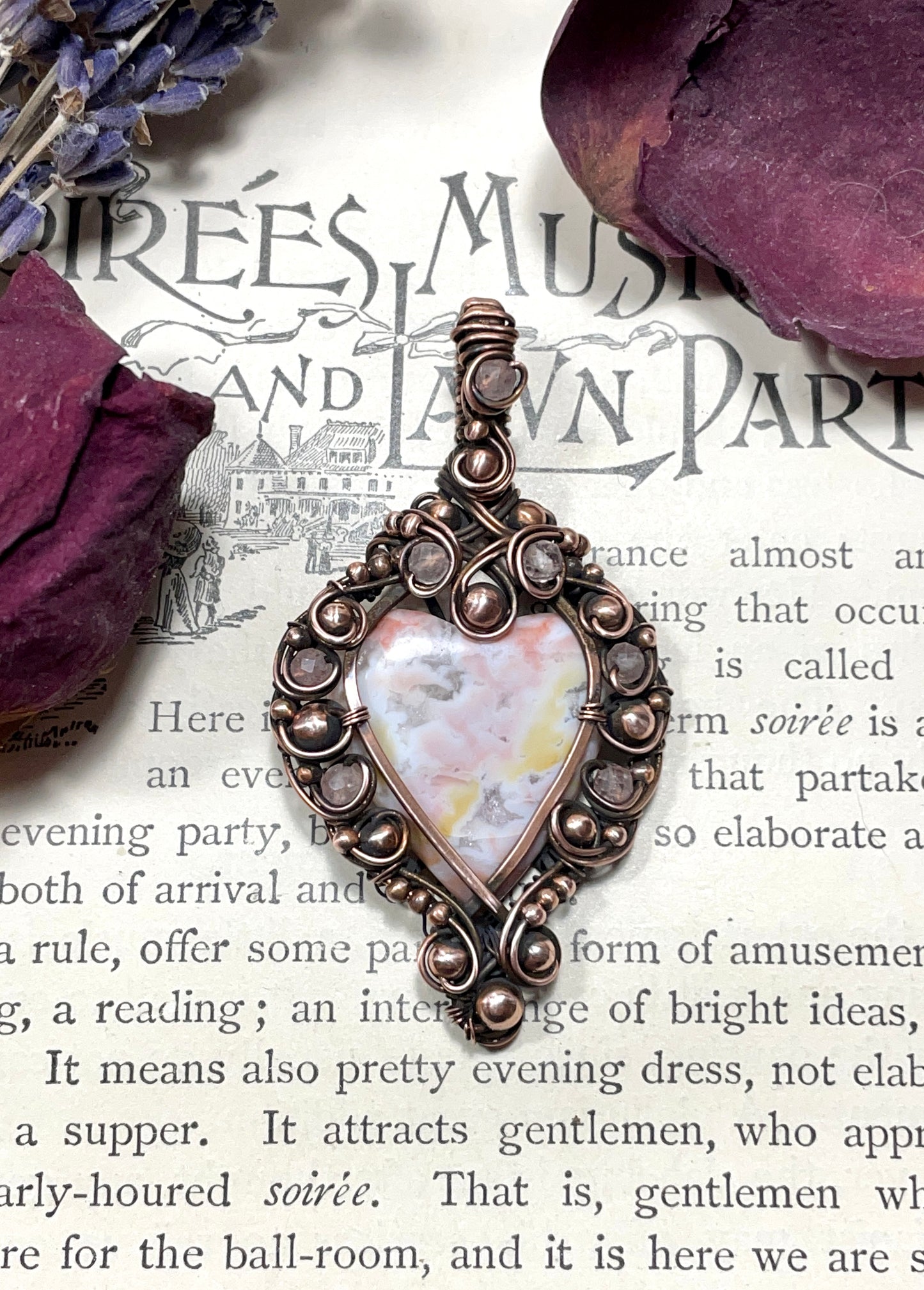 Agate (Pink Agate) Heart Pendant in Copper