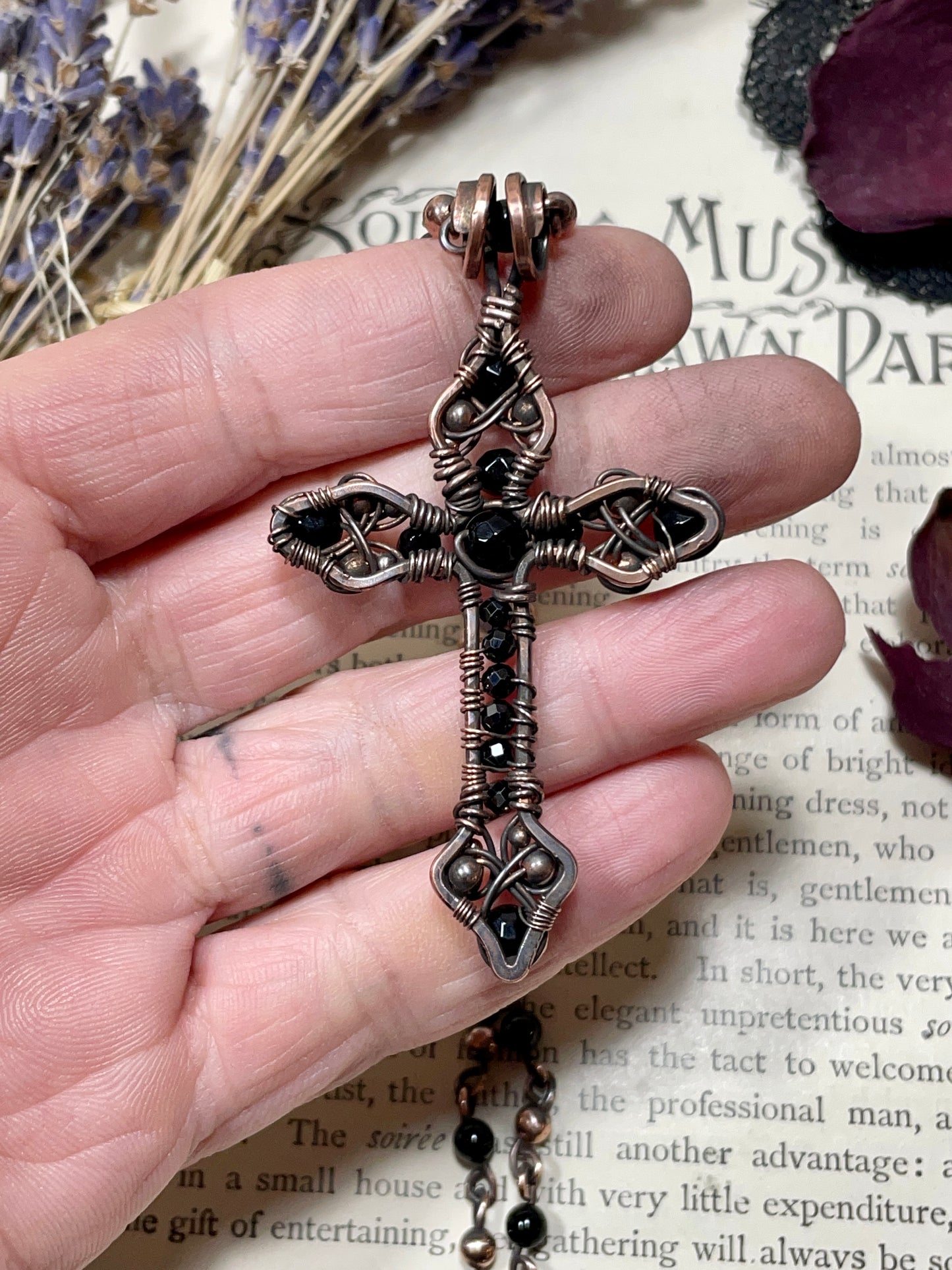 Onyx Gothic Cross Pendant in Antiqued Copper