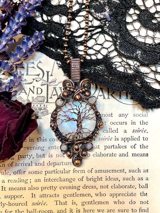 Rainbow Moonstone Tree of Life Amulet in Copper