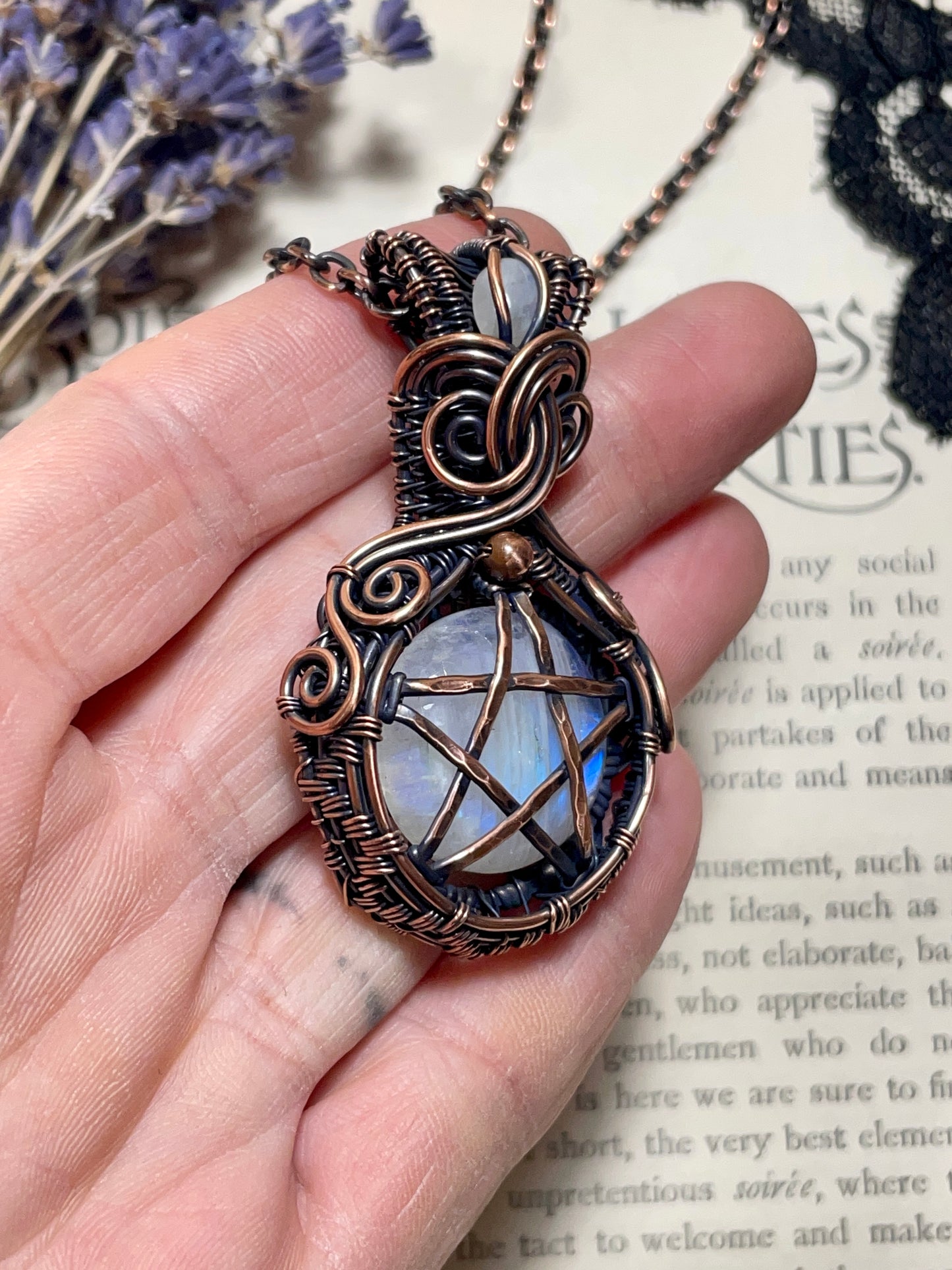 Moonstone (Rainbow Moonstone) Pentacle Pendant in Copper