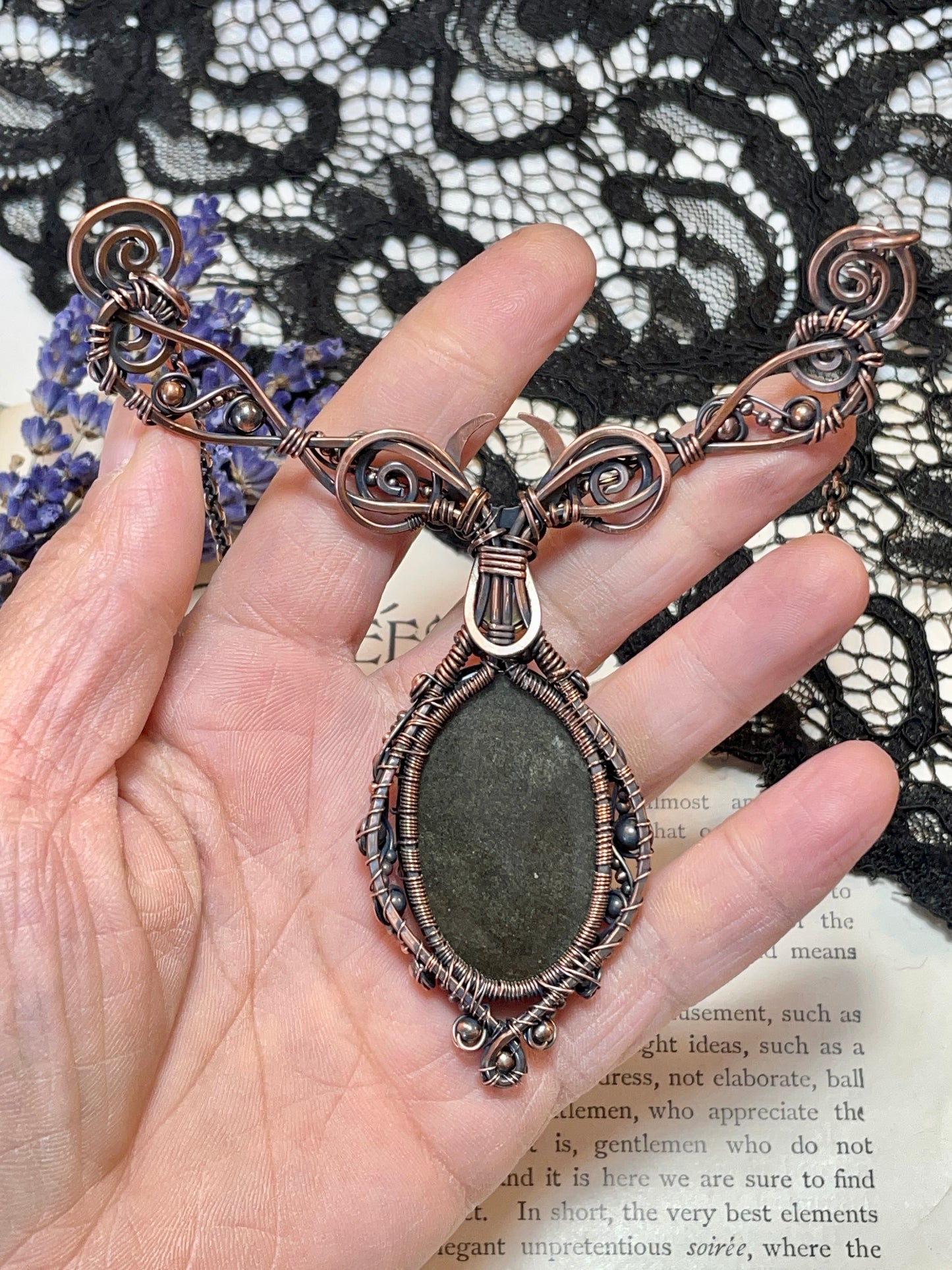Gold Sheen Obsidian Tree of Life Collar Amulet (Crescent Moon) in Copper