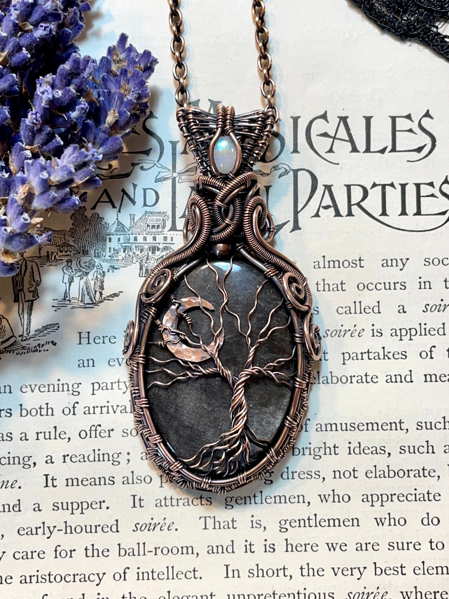 Obsidian (Silver Sheen Obsidian) Tree of Life Crescent Moon Amulet in Copper