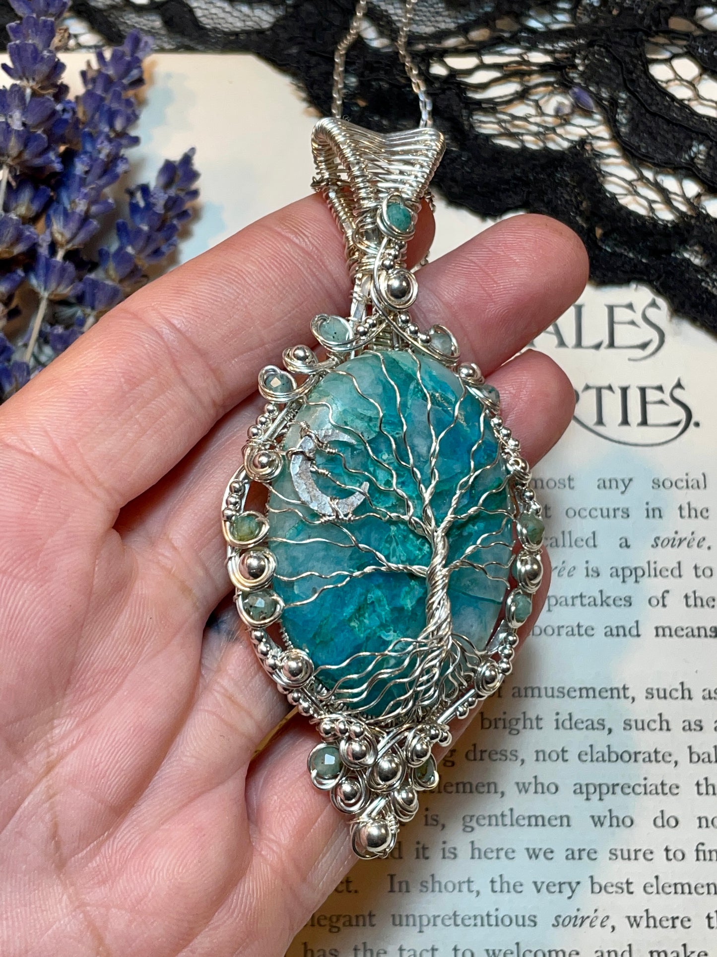 Chrysocolla Quartz Tree of Life Pendant in Sterling Silver