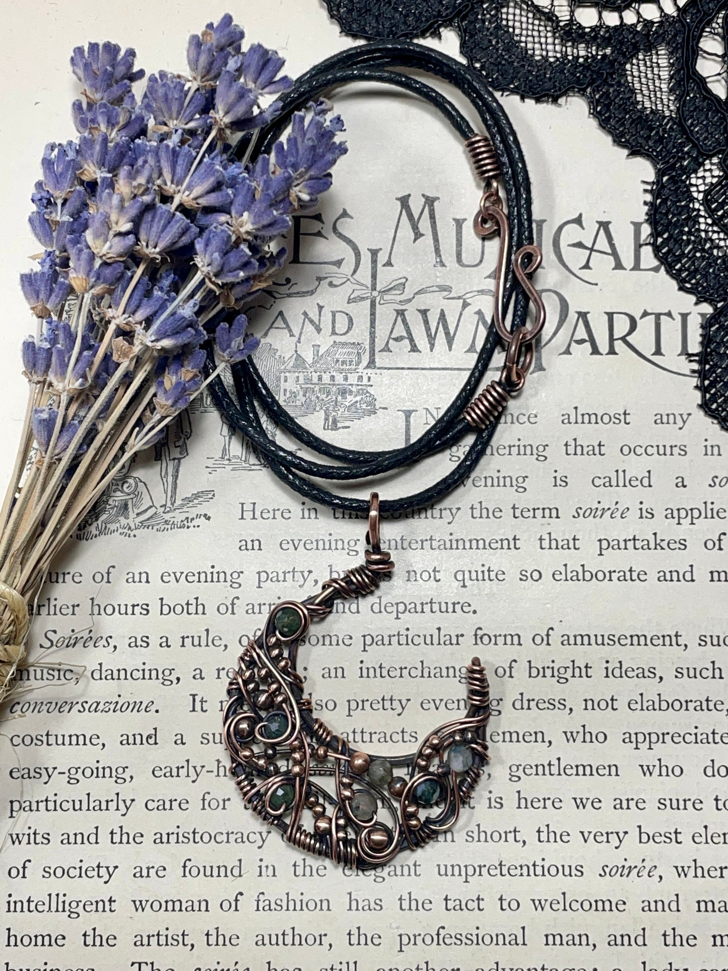 Moss Agate Crescent Moon Pendant in Copper