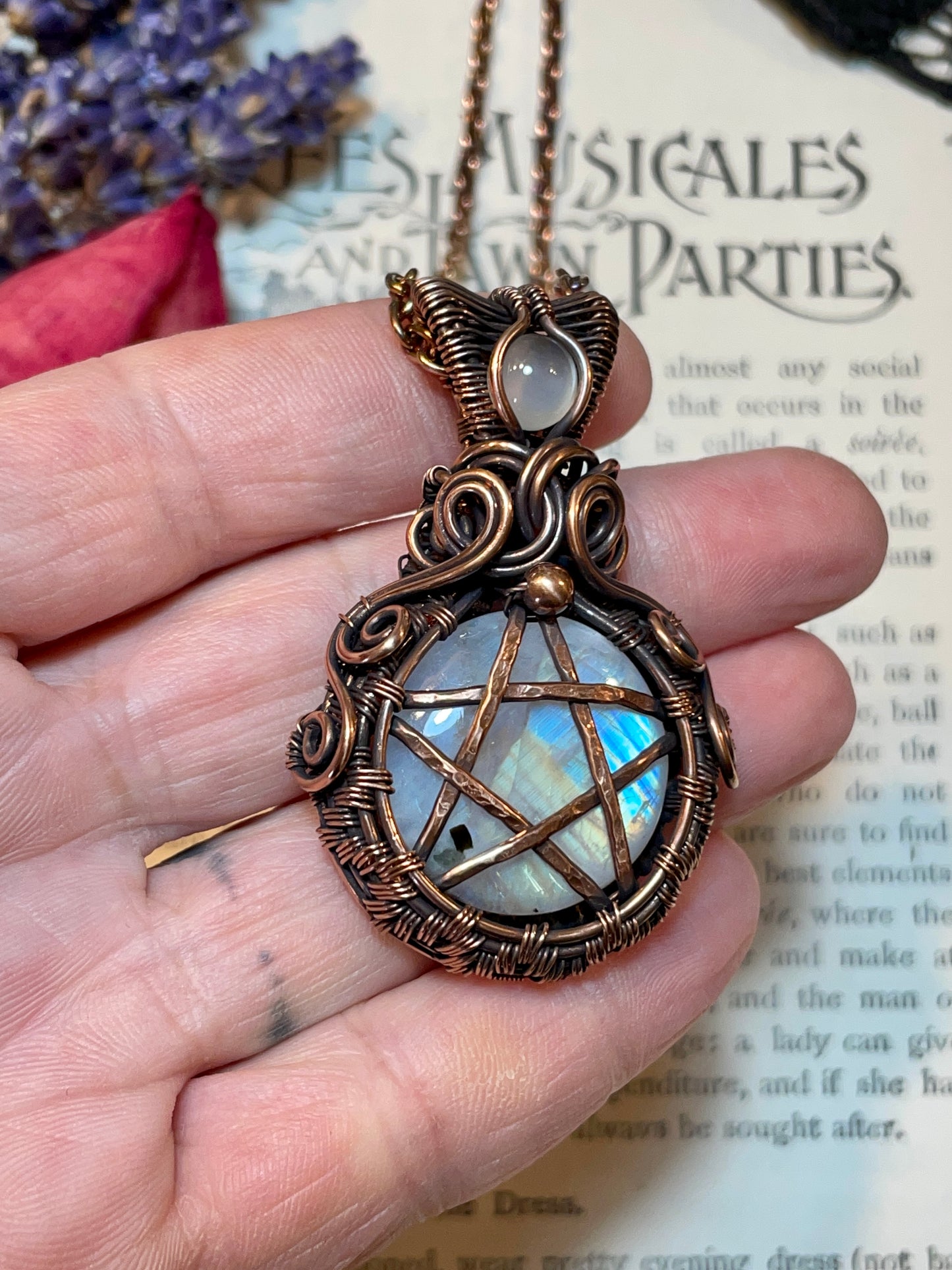 Moonstone (Rainbow Moonstone) Pentacle Pendant in Copper