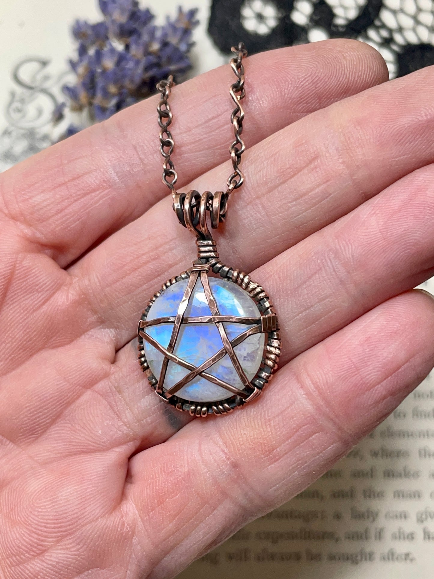 Moonstone (Rainbow Moonstone) Pentacle Pendant in Antiqued Copper