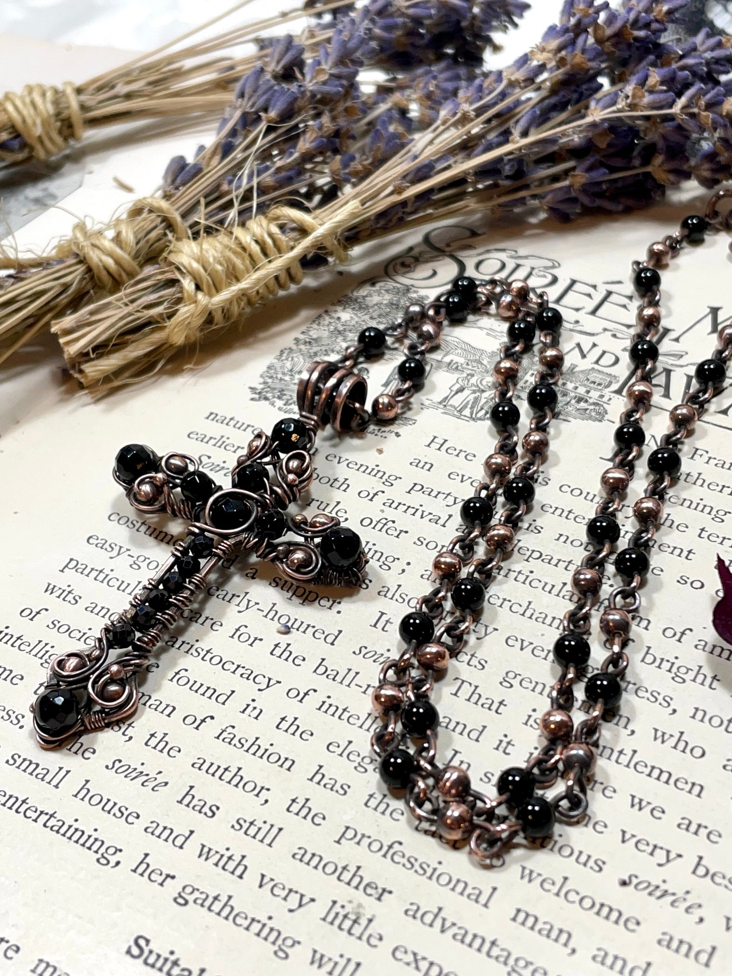 Onyx Gothic Cross Pendant in Antiqued Copper
