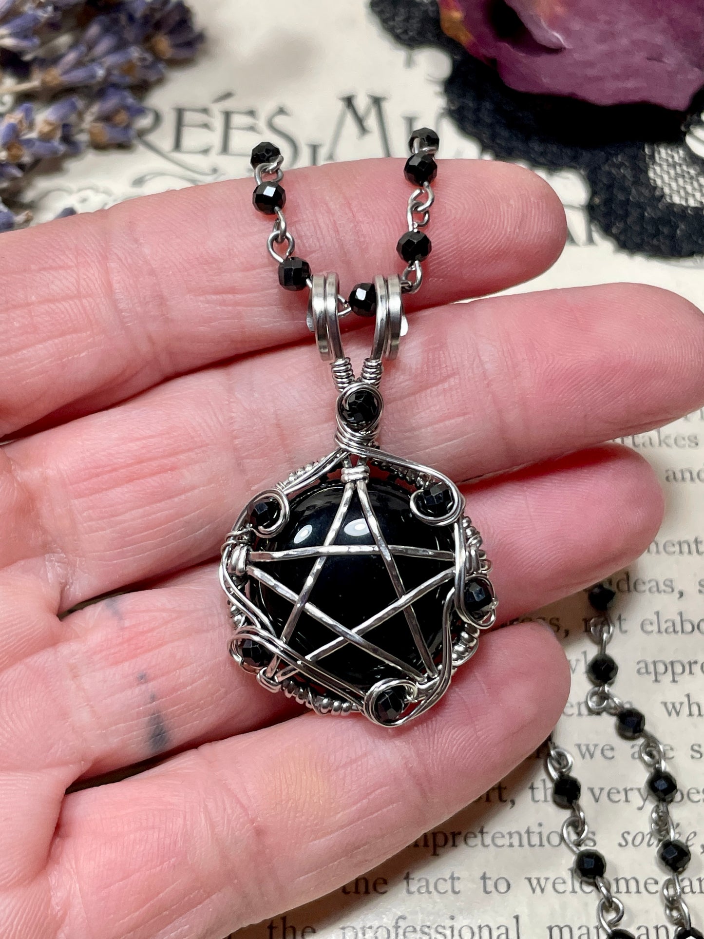 Onyx and Spinel Pentacle Pendant in Stainless Steel