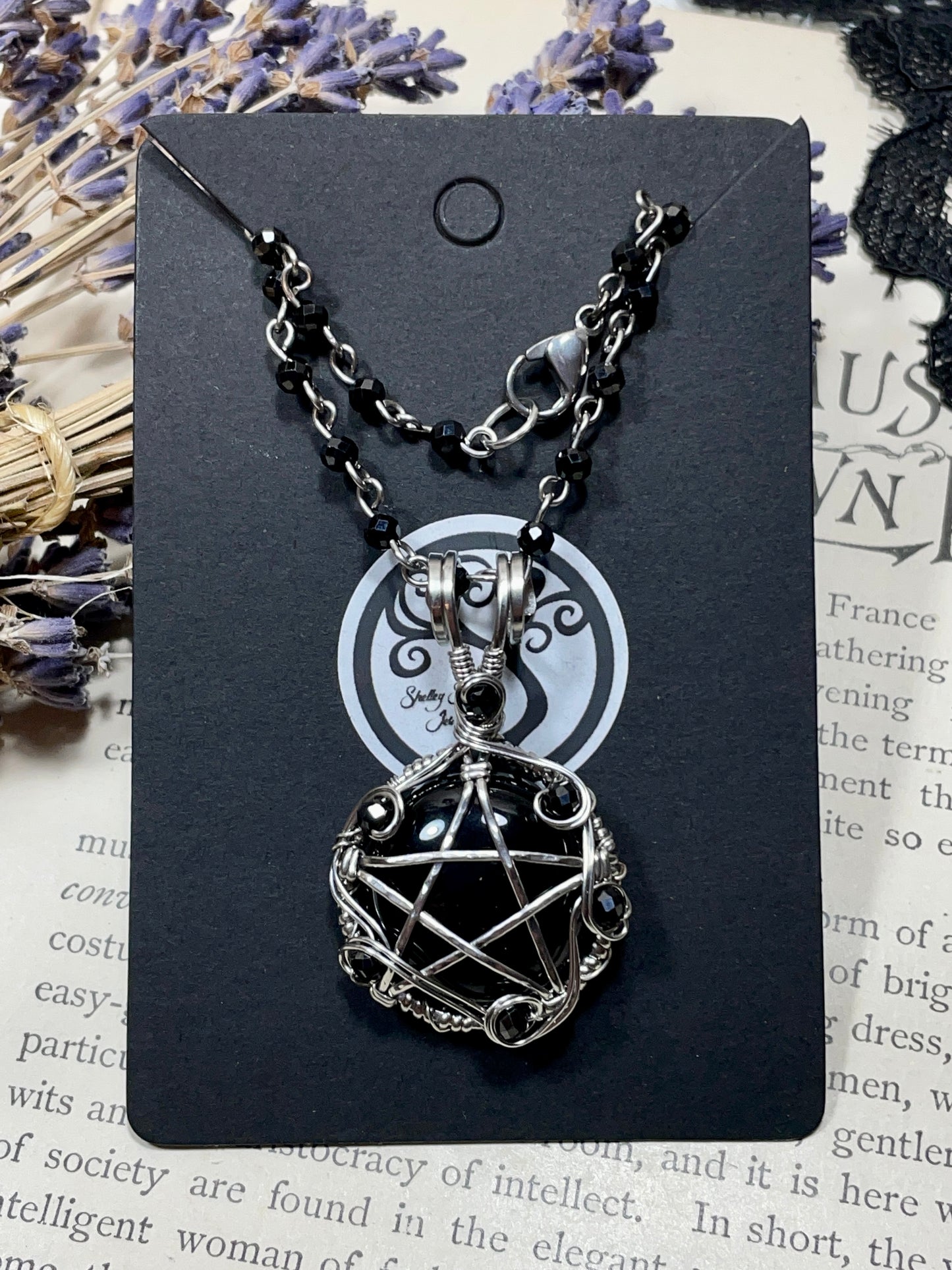 Onyx and Spinel Pentacle Pendant in Stainless Steel