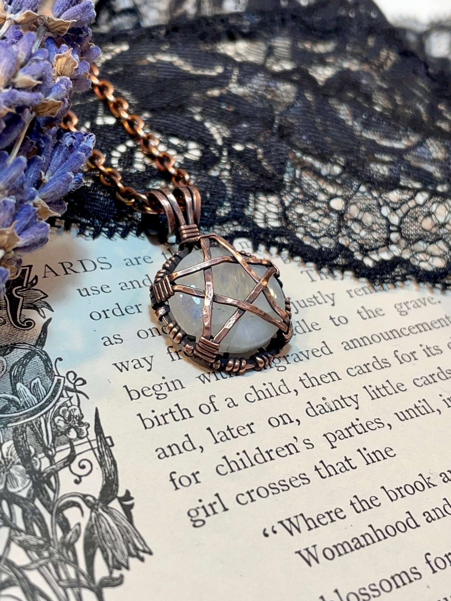 Moonstone (Rainbow Moonstone) Mini Pentacle Pendant in Antiqued Copper