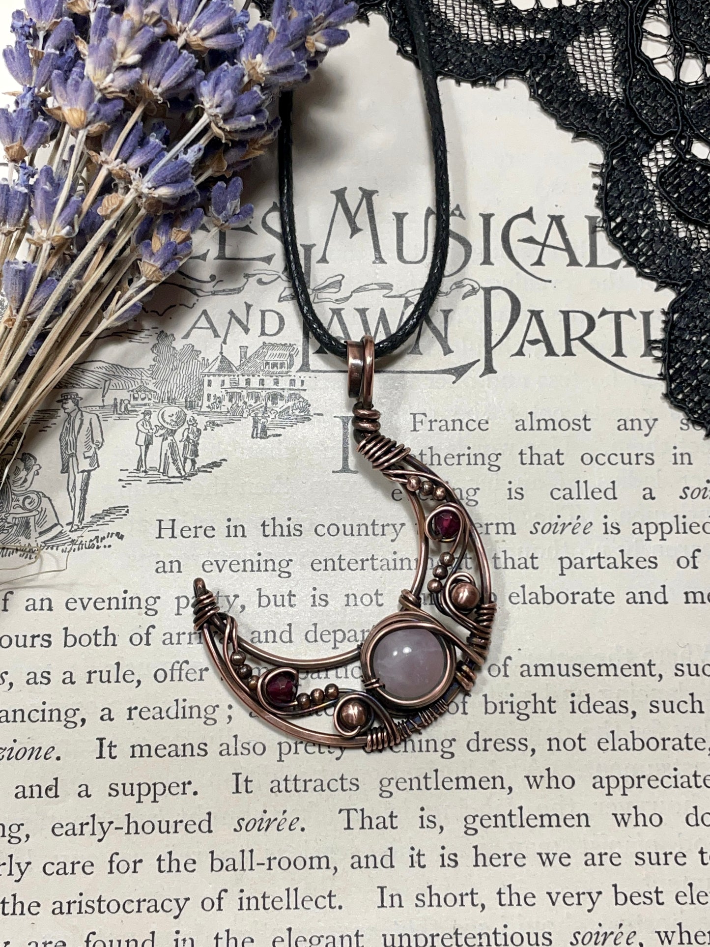 Rose Quartz & Garnet Crescent Moon Pendant in Copper