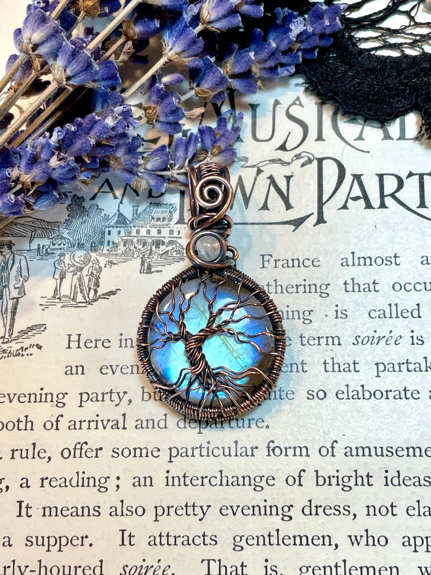 Rainbow Moonstone mini Tree of Life Amulet in Copper