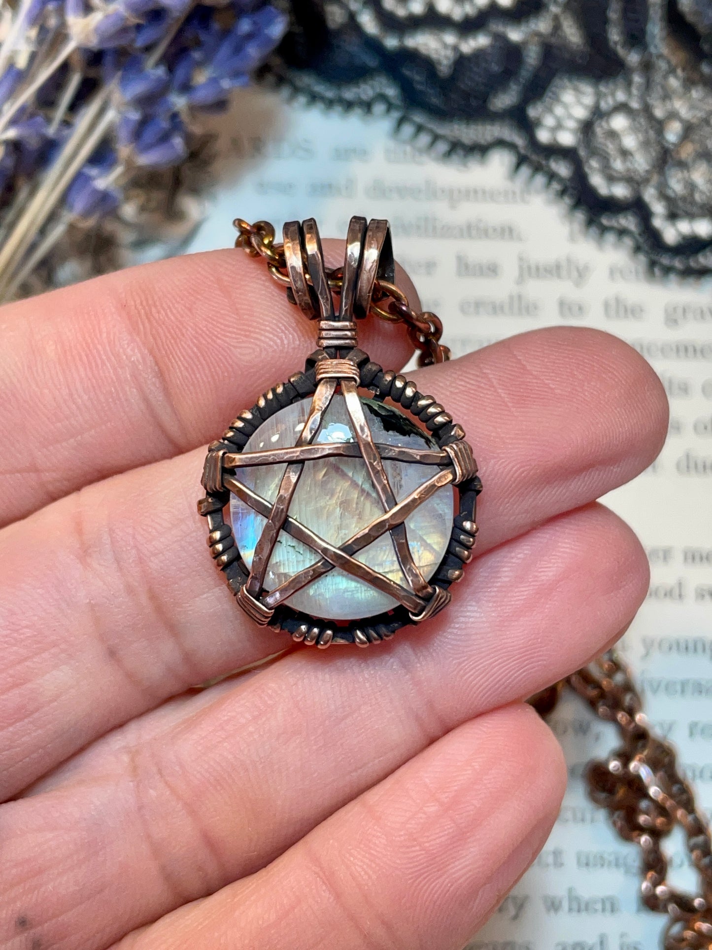 Moonstone (Rainbow Moonstone) Mini Pentacle Pendant in Antiqued Copper