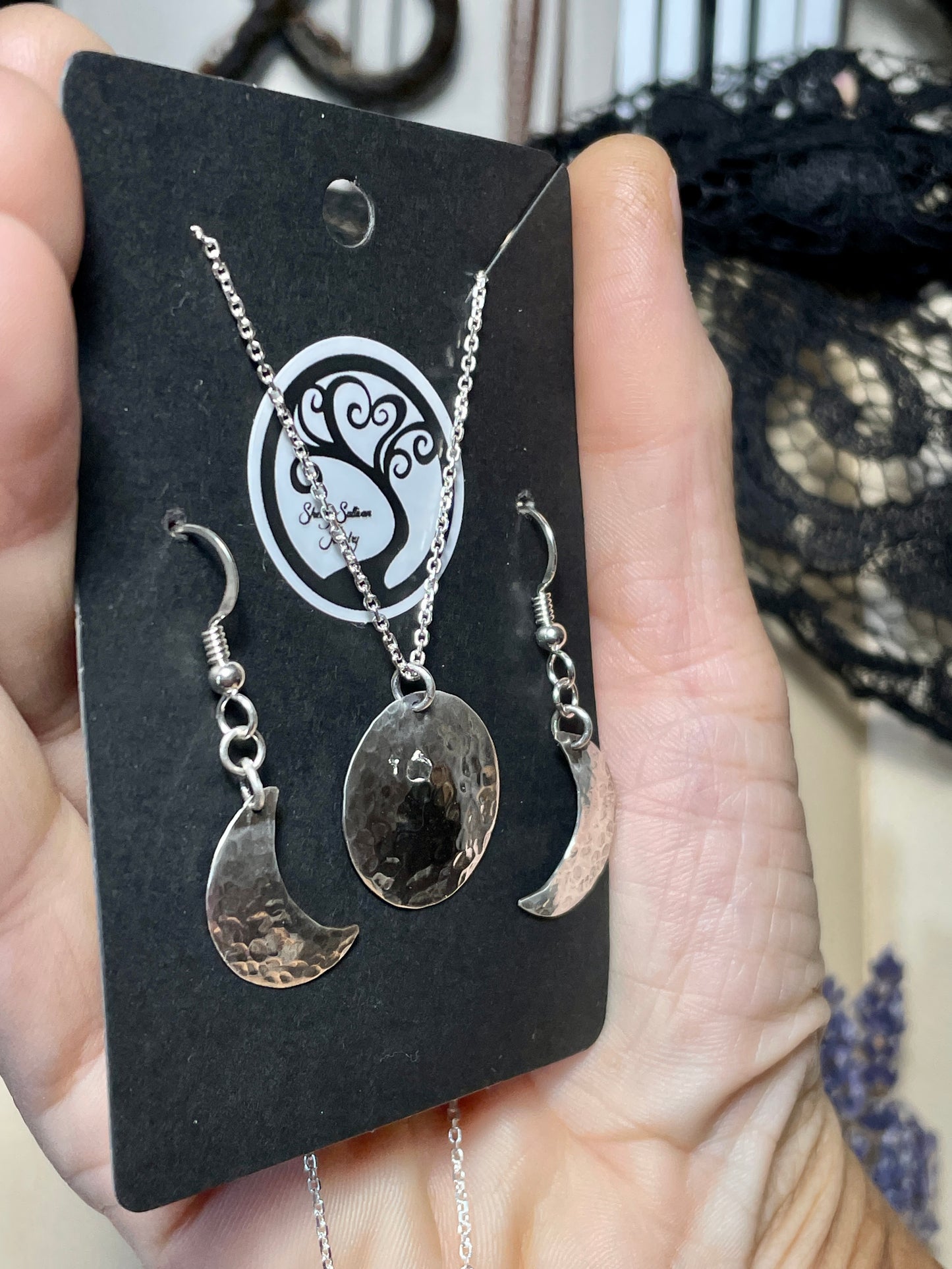 Triple Moon Pendant and Earring Set in Sterling Silver