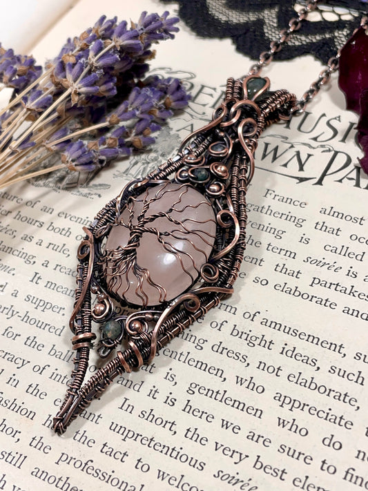Rose Quartz and Moss Agate Tree of Life Pendant in Copper