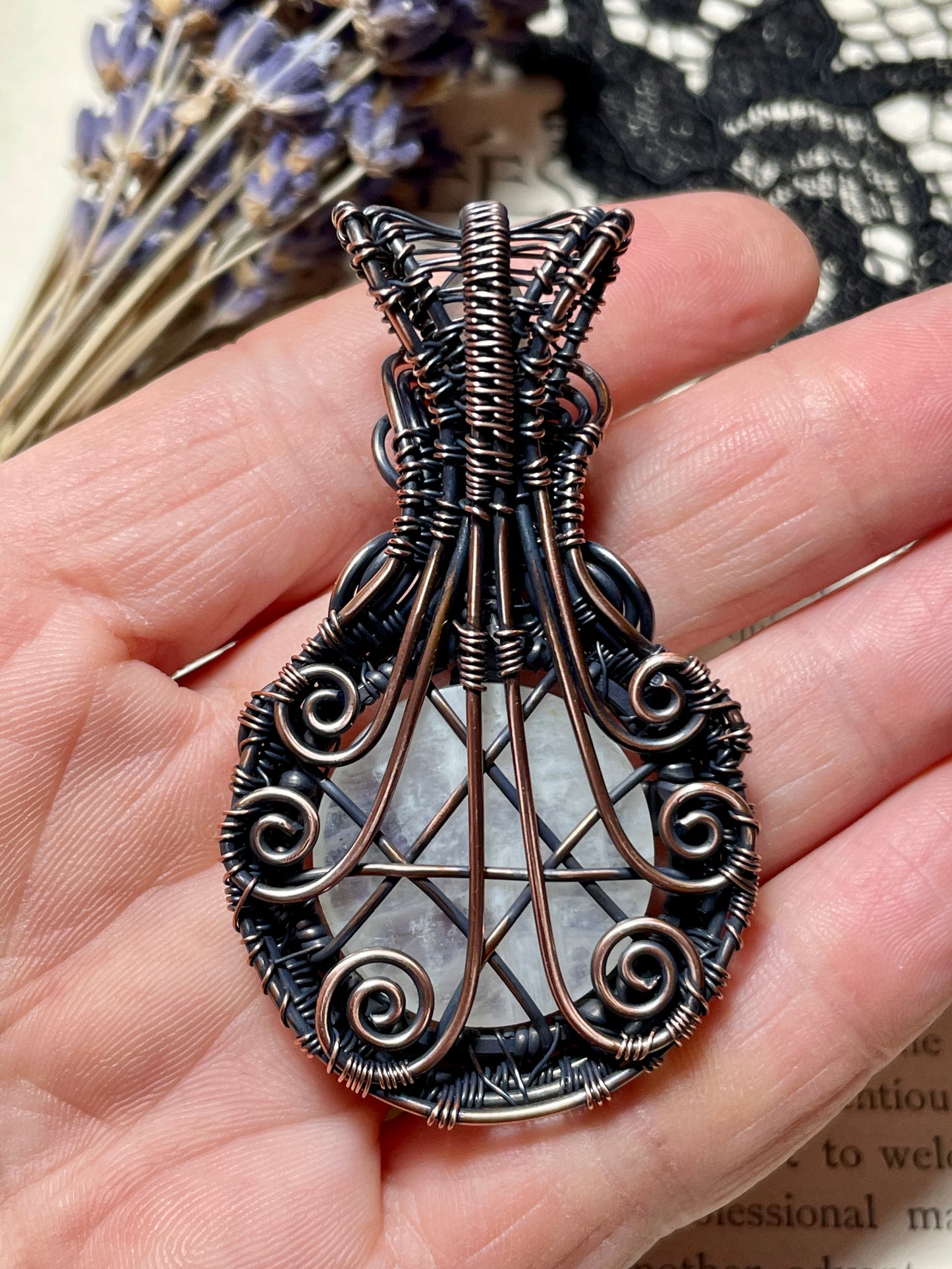 Rainbow Moonstone Pentacle Pendant in Copper