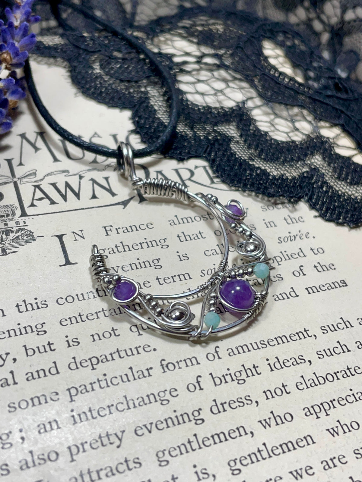 Amethyst and Amazonite Crescent Moon Pendant in Stainless Steel