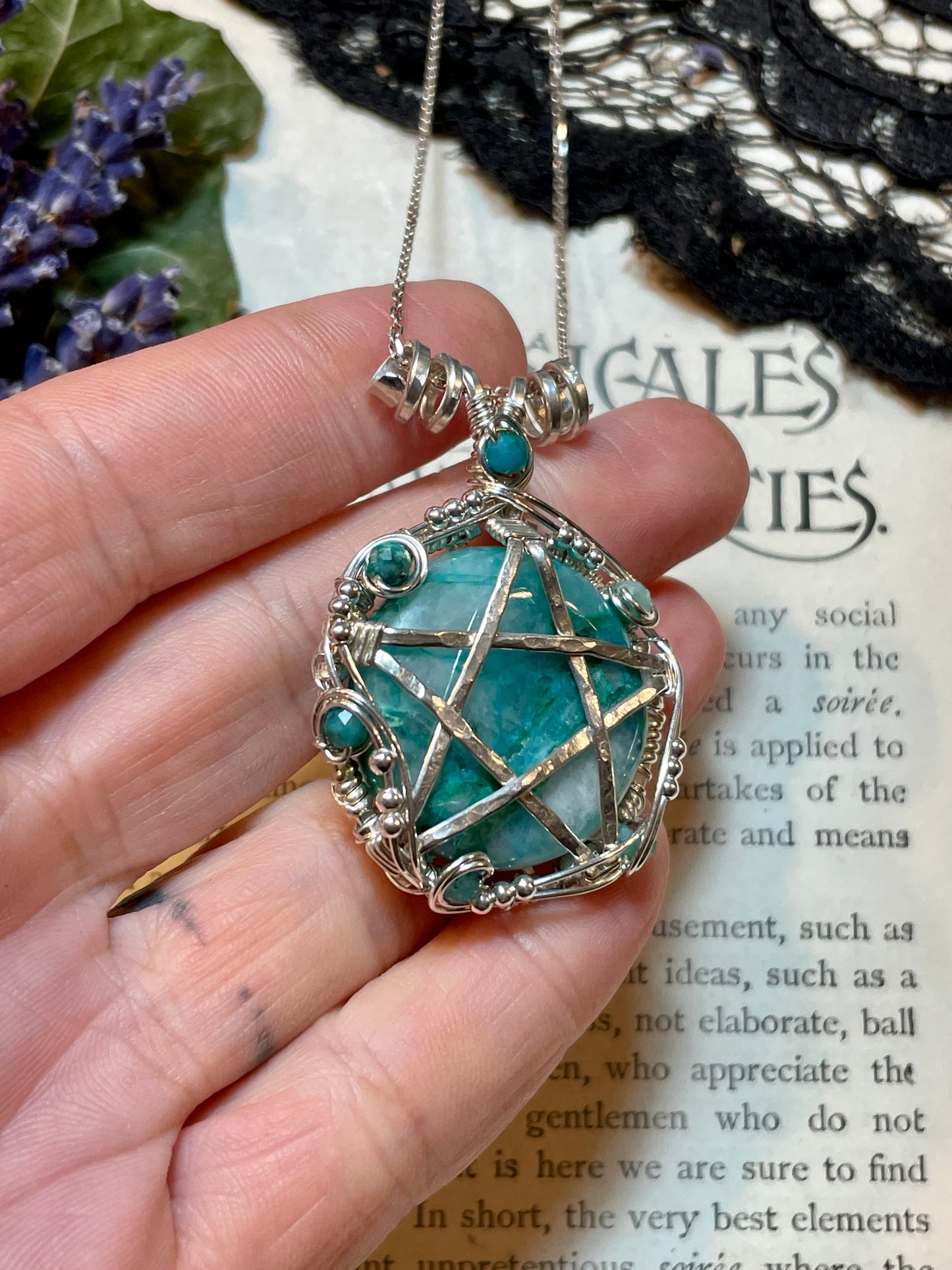 Chrysocolla Quartz Pentacle Pendant in Sterling Silver