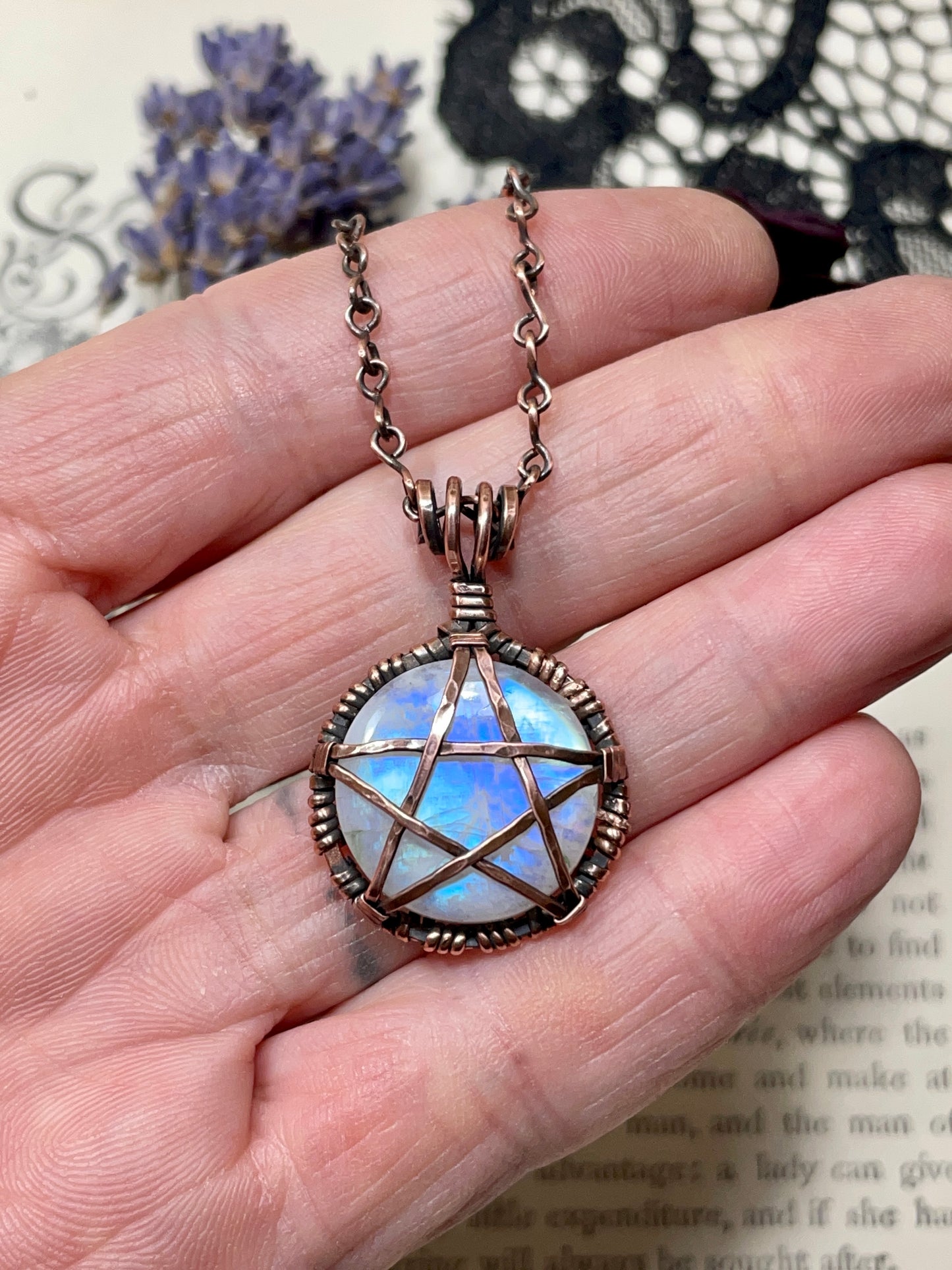 Moonstone (Rainbow Moonstone) Pentacle Pendant in Antiqued Copper