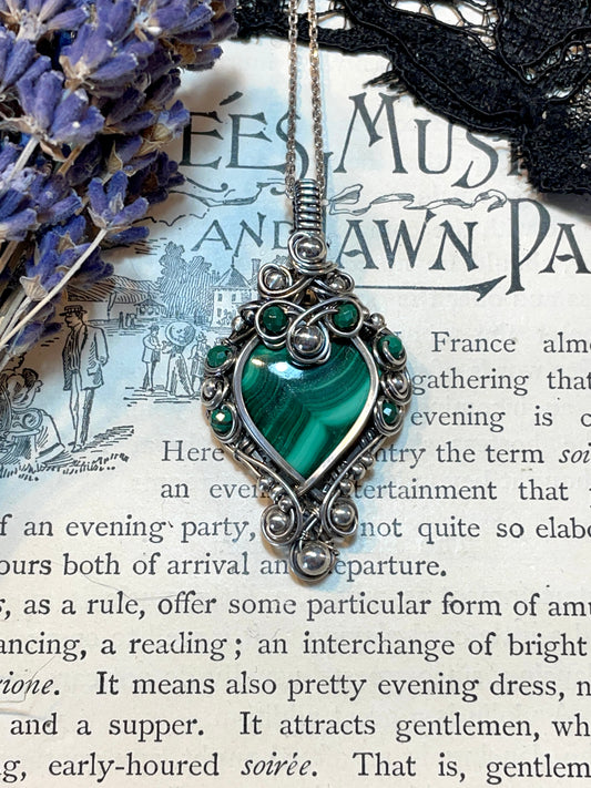 Malachite Heart Pendant in Sterling Silver