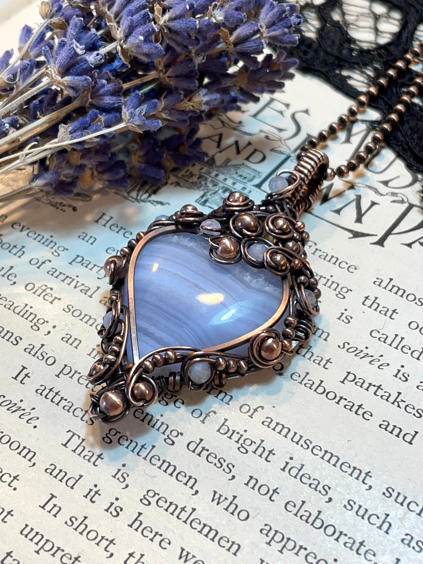 Blue Lace Agate Heart Pendant in Copper