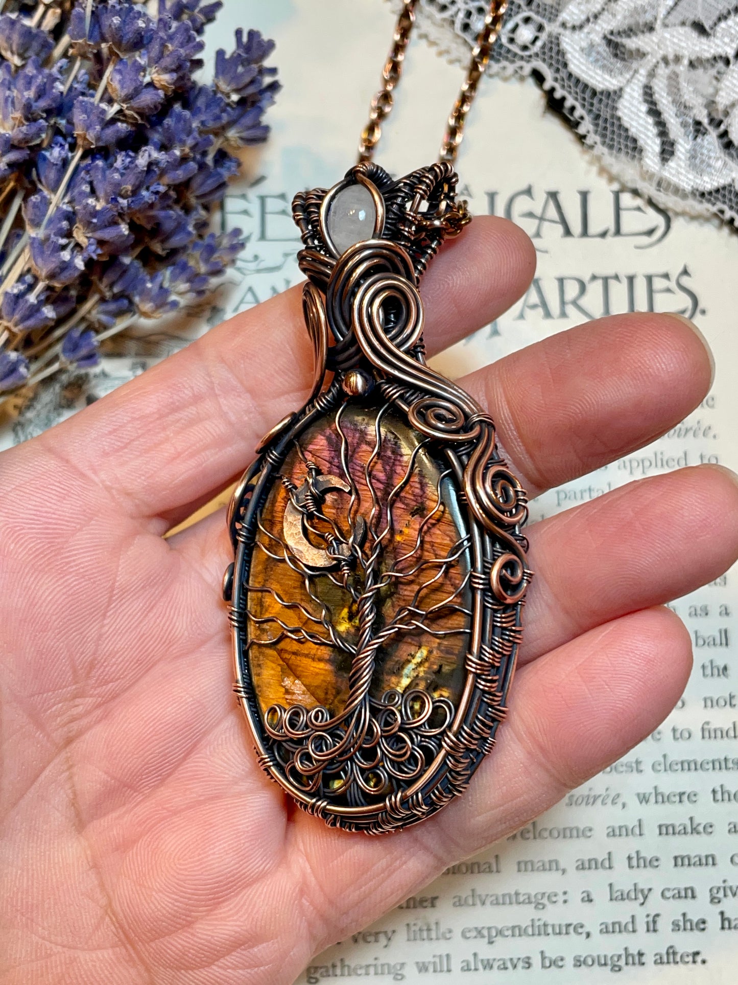 Labradorite Crescent Moon Tree of Life Amulet in Copper