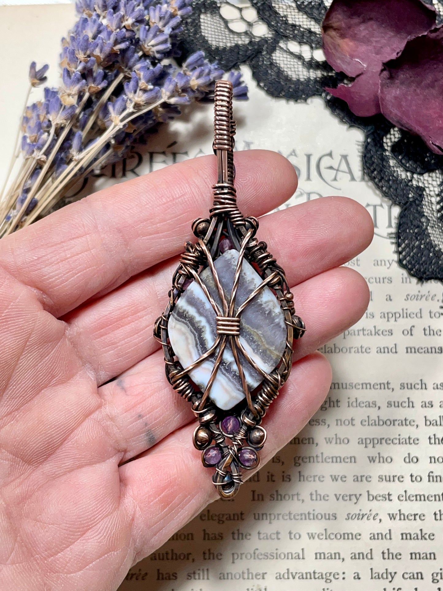 Amethyst Lace Agate Pendant in Copper
