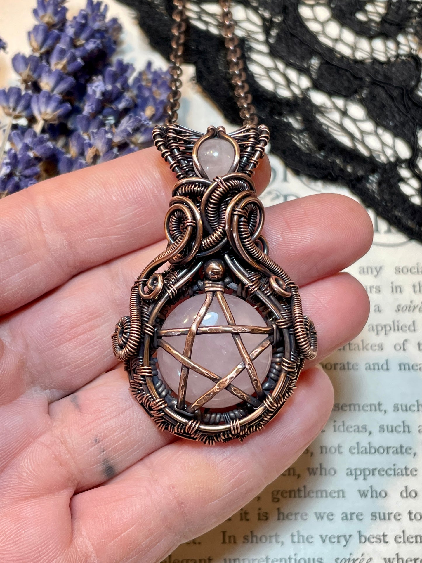 Rose Quartz Pentacle Pendant in Copper