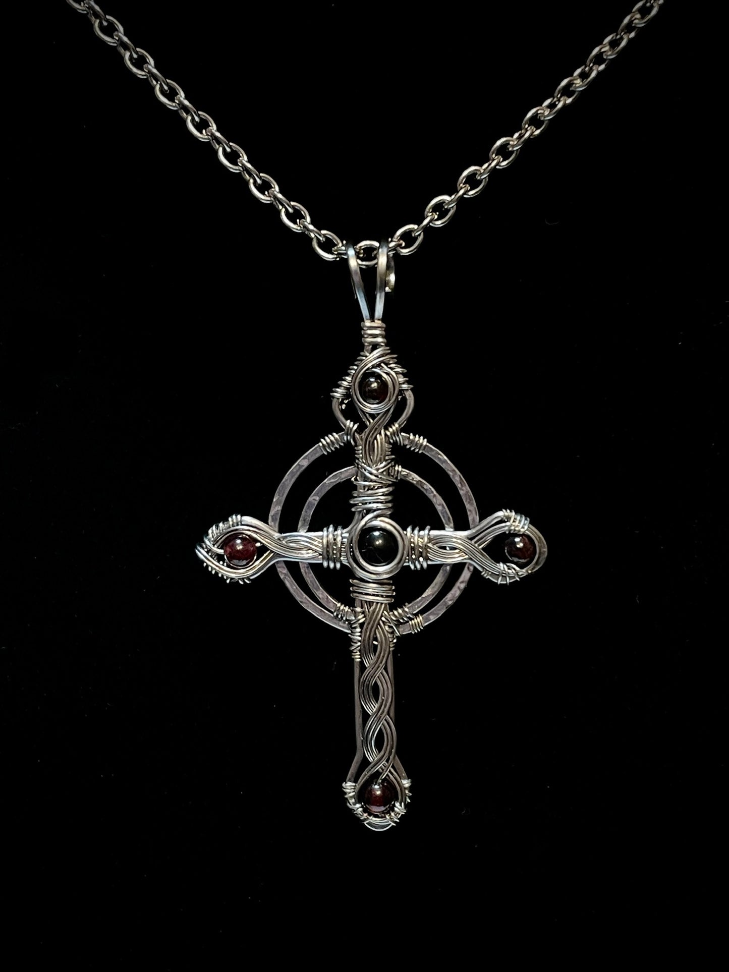 Onyx and Garnet Celtic Cross Pendant in Stainless Steel