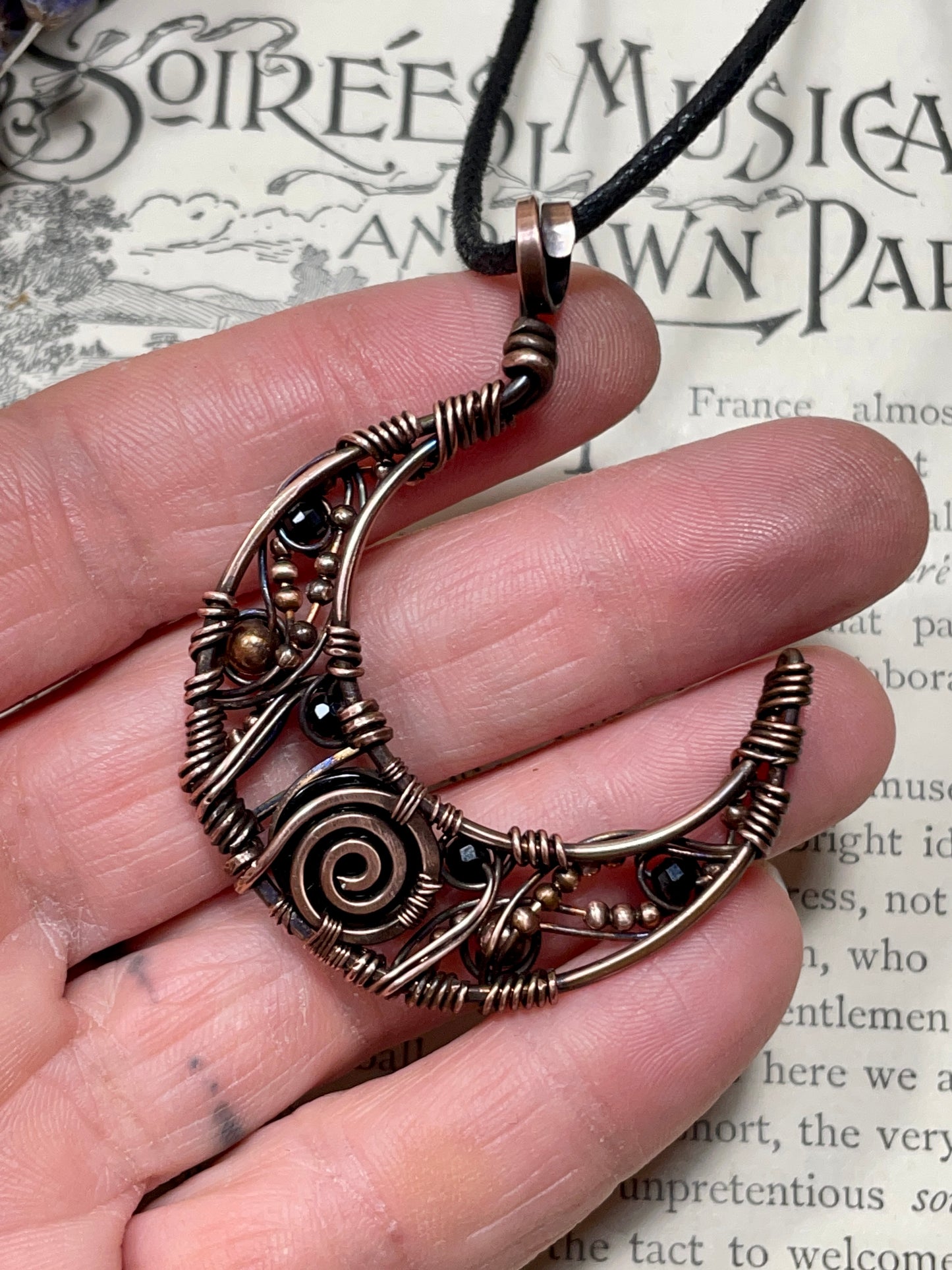 Onyx & Spinel Crescent Moon Pendant in Copper