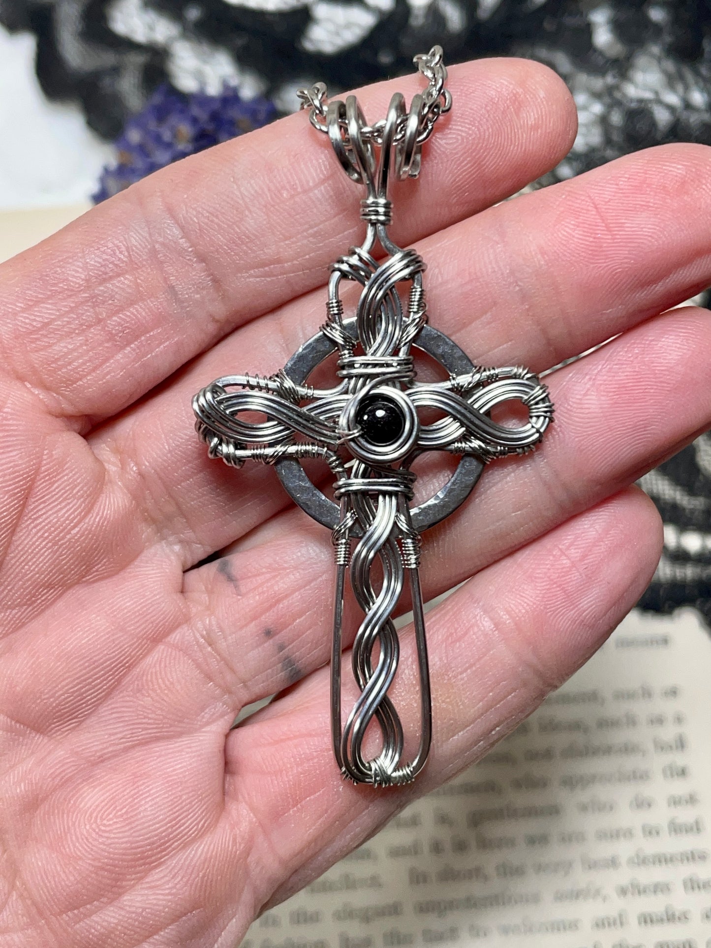 Garnet Celtic Cross Pendant in Stainless Steel